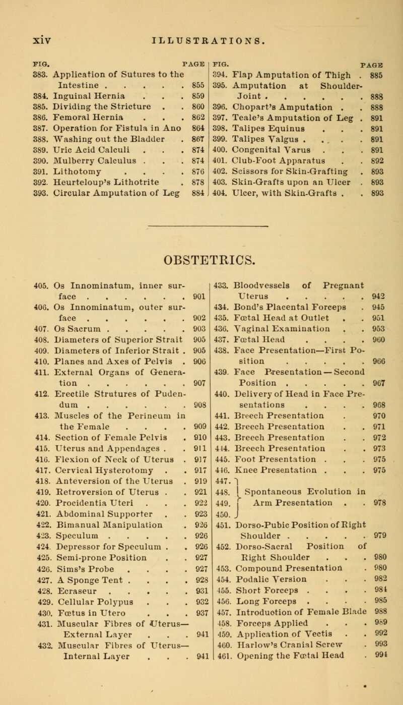 PAGE Application of Sutures to the Intestine 855 384. 385. 387. 390. 391. 392. Inguinal Hernia . . . 859 Dividing the Stricture . . 860 Femoral Hernia . . .862 Operation for Fistula in Ano 864 Washing out the Bladder . 867 Uric Acid Calculi . . . 874 Mulberry Calculus . . . 874 Lithotomy . . . .876 Heurteloup's Lithotrite . 878 Circular Amputation of Leg 884 FIG. PAGE 394. Flap Amputation of Thigh . 885 395. Amputation at Shoulder- Joint 888 396. Chopart's Amputation . . 888 397. Teale's Amputation of Leg . 891 398. Talipes Equinus . . .891 399. Talipes Valgus . ... .891 400. Congenital Varus . . .891 401. Club-Foot Apparatus . . 892 402. Scissors for Skin-Grafting . 893 403. Skin-Grafts upon an Ulcer . 893 404. Ulcer, with Skin-Grafts . . 893 OBSTETRICS. 405. Os Innominatum, inner sur- face 901 406. Os Innominatum, outer sur- face 902 407. Os Sacrum 903 408. Diameters of Superior Strait 905 409. Diameters of Inferior Strait . 905 410. Planes and Axes of Pelvis . 906 411. External Organs of Genera- tion 907 412. Erectile Strutures of Puden- dum 908 413. Muscles of the Perineum in the Female . . . .909 414. Section of Female Pelvis . 910 415. Uterus and Appendages . . 911 416. Flexion of Neck of Uterus . 917 417. Cervical Hysterotomy . . 917 418. Anteversion of the Uterus . 919 419. Retroversion of Uterus . . 921 420. Procidentia Uteri . . . 922 421. Abdominal Supporter . . 923 422. Bimanual Manipulation . 926 423. Speculum 926 424. Depressor for Speculum . . 926 425. Semi-prone Position . . 927 426. Sims's Probe . . . .927 427. A Sponge Tent . . . .928 428. Ecraseur 931 429. Cellular Polypus . . .932 430. Foetus in Utero . . .937 431. Muscular Fibres of Uterus— External Layer . . . 941 432. Muscular Fibres of LUerus— Internal Layer . . . 941 433. Bloodvessels of Pregnant Uterus 942 434. Bond's Placental Forceps 945 435. Foetal Head at Outlet 951 430. Vaginal Examination 953 437. Foetal Head 960 438. Face Presentation—First Po sition .... 966 439. Face Presentation — Second Position .... 967 440. Delivery of Head in Face Pre sentations 968 441. Breech Presentation 970 442. Breech Presentation 971 443. Breech Presentation 972 414. Breech Presentation . 973 445. Foot Presentation . 975 410. Knee Presentation . 975 447. 1 448. 1 Spontaneous Evolution ir Arm Presentation l 449. . 978 450. 451. Dorso-Pubic Position of Bigh t Shoulder .... . 979 452. Dorso-Sacral Position o f Right Shoulder . 980 453. Compound Presentation . 980 454. Podalic Version . 982 455 Short Forceps . . 984 450 Long Forceps . . 985 457. Introduction of Female Blad e 988 458 Forceps Applied . 989 459 Application of Vectis . 992 400 Harlow's Cranial Screw . 993 401 Opening the Foetal Head . 994