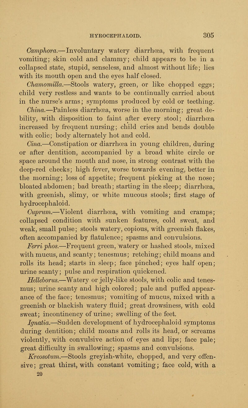 Camphora.— Involuntary watery diarrhoea, with frequent vomiting; skin cold and clammy; child appears to be in a collapsed state, stupid, senseless, and almost without life; lies with its mouth open and the eyes half closed. Chamomilla.—Stools watery, green, or like chopped eggs; child very restless and wants to be continually carried about in the nurse's arms; symptoms produced by cold or teething. China.—Painless diarrhoea, worse in the morning; great de- bility, with disposition to faint after every stool; diarrhoea increased by frequent nursing; child cries and bends double with colic; body alternately hot and cold. Cina.—Constipation or diarrhoea in young children, during or after dentition, accompanied by a broad white circle or space around the mouth and nose, in strong contrast with the deep-red cheeks; high fever, worse towards evening, better in the morning; loss of appetite; frequent picking at the nose; bloated abdomen; bad breath; starting in the sleep; diarrhoea, with greenish, slimy, or white mucous stools; first stage of hydrocephaloid. Cuprum.—Violent diarrhoea, with vomiting and cramps; collapsed condition with sunken features, cold sweat, and weak, small pulse; stools watery, copious, with greenish flakes, often accompanied by flatulence; spasms and convulsions. Ferri phos.—Frequent green, watery or hashed stools, mixed with mucus, and scanty; tenesmus; retching; child moans and rolls its head; starts in sleep; face pinched; eyes half open; urine scanty; pulse and respiration quickened. Helleborus.—Watery or jelly-like stools, with colic and tenes- mus; urine scanty and high colored; pale and puffed appear- ance of the face; tenesmus; vomiting of mucus, mixed with a greenish or blackish watery fluid; great drowsiness, with cold sweat; incontinency of urine; swelling of the feet. Ignatia.—Sudden development of hydrocephaloid symptoms during dentition; child moans and rolls its head, or screams violently, with convulsive action of eyes and lips; face pale; great difficulty in swallowing; spasms and convulsions. Kreosotum.—Stools greyish-white, chopped, and very offen- sive ; great thirst, with constant vomiting; face cold, with a 20