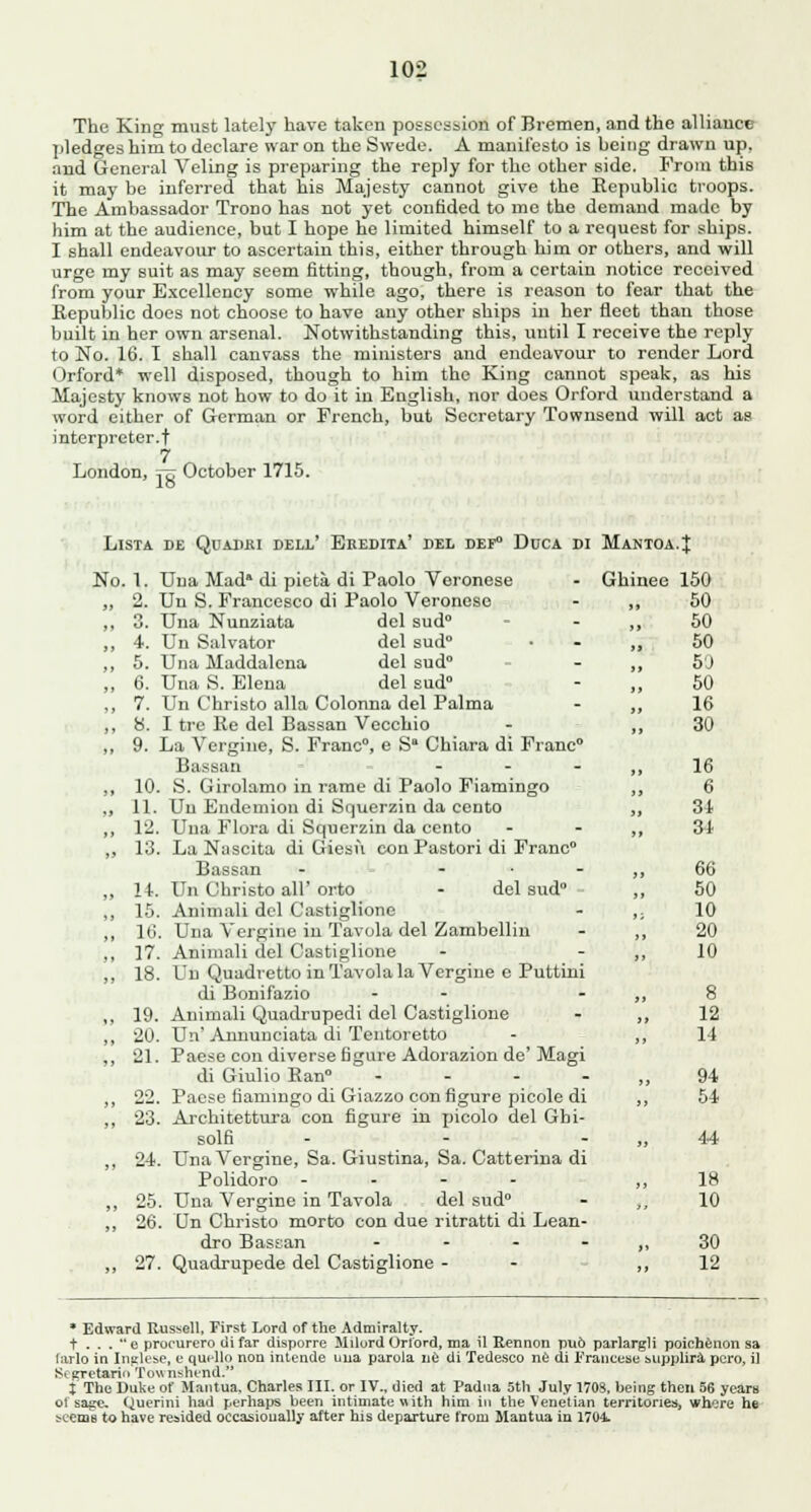 The King must lately have taken possession of Bremen, and the alliance pledges him to declare war on the Swede. A manifesto is being drawn up. and General Veling is preparing the reply for the other side. Prom this it may be inferred that his Majesty cannot give the Republic troops. The Ambassador Trono has not yet confided to me the demand made by him at the audience, but I hope he limited himself to a request for ships. I shall endeavour to ascertain this, either through him or others, and will urge my suit as may seem fitting, though, from a certain notice received from your Excellency some while ago, there is reason to fear that the Republic does not choose to have any other ships in her fleet than those built in her own arsenal. Notwithstanding this, until I receive the reply to No. 16. I shall canvass the ministers and endeavour to render Lord Orford* well disposed, though to him the King cannot speak, as his Majesty knows not how to do it in English, nor does Orford understand a word either of German or French, but Secretary Townsend -will act as interpreter.t 7 London, tt; October 1715. LlSTA DE QuADKI DELI,' EREDITA' DEL DEF° DuCA DI MaNTOA.J No. 1. 4. 5. 6. 7. 8. 9. 10. 11. 12. 13. 14. 15, 16 17. 18. 19. 20. 21. 22. 23. 24 25 26 27 Una Mad* di pieta di Paolo Veronese Un S. Francesco di Paolo Veronese Una Nunziata del sud° Un Salvator del sud° Una Maddalcna del sud° Una S. Elena del sud Un Christo alia Colonna del Palma I tre Re del Bassan Vecchio La Vergine, S. Franc0, e S* Chiara di Franc Bassan -■ - . S. Girolamo in rame di Paolo Fiamingo Un Endemion di Squerzin da cento Una Flora di Squerzin da cento La Nuscita di Giesu con Pastori di Franc0 Bassan - ... Un Christo all' orto - del sud0 - Animali del Castiglione Una Vergine in Tavola del Zambellin Animali del Castiglione Un Quadretto in Tavola la Vergine e Puttini di Bonifazio - - Animali Quadrupedi del Castiglione Un' Annunciata di Tentoretto Paese con diverse figure Adorazion de' Magi di Giulio Ran . . . - Paese fiamingo di Giazzo con figure picole di Architettura con figure in picolo del Ghi- solfi ... Una Vergine, Sa. Giustina, Sa. Catterina di Polidoro - Una Vergine in Tavola del sud0 Un Christo morto con due ritratti di Lean- dro Bassan .... Quadrupede del Castiglione - Ghinee 150 50 50 50 5'J 50 16 30 16 6 31 34 66 50 10 20 10 12 14 94 54 44 18 10 30 12 * Edward Russell, First Lord of the Admiralty. t . . . e procurero difar disporre Milord Orford, ma il Hennon pub parlargli poichenon sa larlo in Inglese, e qmllo non intende una parola ue di Tedesco ne di Francese supplira pcro, il Stgretarin Tounshend. % The Duke of Mantua, Charles III. or IV., died at Padua 5th July 170S, being then 56 years of sage. Querini had perhaps been intimate with him in the Venetian territories, whore he teems to have resided occasionally after his departure from Mantua in 1704.