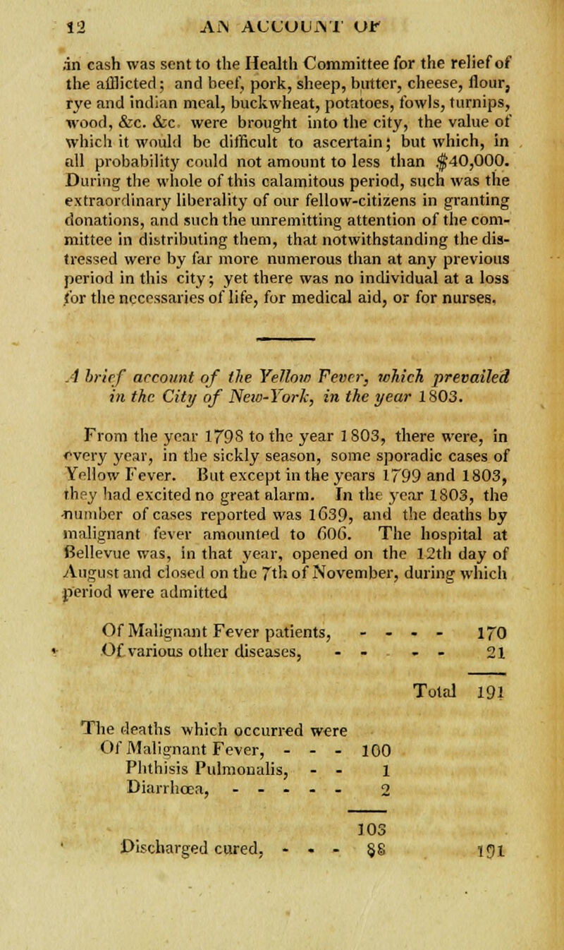 ,in cash was sent to the Health Committee for the relief of the afflicted; and beef, pork, sheep, butter, cheese, flour, rye and Indian meal, buckwheat, potatoes, fowls, turnips, wood, &c. &c were brought into the city, the value of which it would be difficult to ascertain; but which, in nil probability could not amount to less than $40,000. During the whole of this calamitous period, such was the extraordinary liberality of our fellow-citizens in granting donations, and such the unremitting attention of the com- mittee in distributing them, that notwithstanding the dis- tressed were by far more numerous than at any previous period in this city; yet there was no individual at a loss for the necessaries of life, for medical aid, or for nurses. A brief account of the Yellow Fever, which prevailed in the City of New-York, in the year 1803. From the year 179S to the year 1 803, there were, in every year, in the sickly season, some sporadic cases of Yellow Fever. But except in the years 1799 and 1803, they had excited no great alarm. In the year 1803, the •number of cases reported was lG39, and the deaths by malignant fever amounted to 606. The hospital at fiellevue was, in that year, opened on the 12th day of August and closed on the 7th of November, during which period were admitted Of Malignant Fever patients, .... 170 >- Of various other diseases, - - - - 21 Total 191 The deaths which occurred were Of Malignant Fever, - - - 100 Phthisis Pulmonalis, - - 1 Diarrhoea, .... - o 103 Discharged cured, ... §8 191