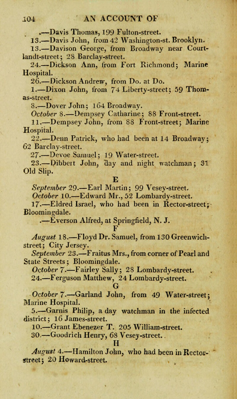 .—Davis Thomas, 199 Fulton-street. 13.—Davis John, from 42 Washington-st. Brooklyn. 13.—Davison George, from Broadway near Court- landt-street; 28 Barclay-street. 24.—Dickson Ann, from Fort Richmond; Marine Hospital. 26.—Dickson Andrew, from Do. at Do. 1.—Dixon John, from 74 Liberty-street; 59 Thom- as-street. 3.—Dover John; 164 Broadway. October 8.—Dempsey Catharine; 88 Front-street. 11.—Dempsey John, from 88 Front-street; Marine Hospital. 22.—Denn Patrick, who had been at 14 Broadway; 62 Barclay-street. 27.—Devoe Samuel; 19 Water-street. 23.—Dibbeit John, clay and night watchman; 31 Old Slip. E September 29.—Earl Martin; 99 Vesey-street. October 10.—Edward Mr., 52 Lombardy-street. 17-—Eldred Israel, who had been in Rector-street;- Bloomingdale. .—Everson Alfred, at Springfield, N. J. F August 18.—Floyd Dr. Samuel, from 130 Greenwich- street; City Jersey. September 23.—Fraitus Mrs., from corner of Pearl and State Streets; Bloomingdale. October 7-—Fairley Sally; 28 Lombardy-street. 24.—Ferguson Matthew, 24 Lombardy-street. G October J.—Garland John, from 49 Water-street; Marine Hospital. 5.—Garnis Philip, a day watchman in the infected district; 16 James-street. 10.—Grant Ebenezer T. 205 William-street. 30.—Goodrich Henry, 68 Vesey-street.. H August 4.—Hamilton John, who had been in Rector- Street; 20 Howard-street
