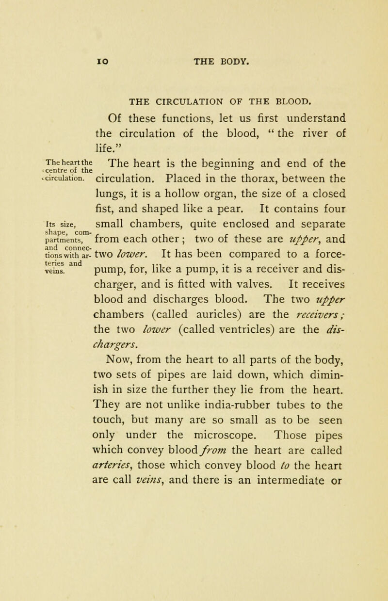 THE CIRCULATION OF THE BLOOD. Of these functions, let us first understand the circulation of the blood,  the river of life. Theheanthe The heart is the beginning and end of the centre of the . .circulation, circulation. Placed in the thorax, between the lungs, it is a hollow organ, the size of a closed fist, and shaped like a pear. It contains four its size, small chambers, quite enclosed and separate shape, com- , . partments, from each other; two of these are upper, and tionswithar-two/caw. It has been compared to a force- vdns. a pump, for, like a pump, it is a receiver and dis- charger, and is fitted with valves. It receives blood and discharges blood. The two upper chambers (called auricles) are the receivers; the two lower (called ventricles) are the dis- chargers. Now, from the heart to all parts of the body, two sets of pipes are laid down, which dimin- ish in size the further they lie from the heart. They are not unlike india-rubber tubes to the touch, but many are so small as to be seen only under the microscope. Those pipes which convey blood from the heart are called arteries, those which convey blood to the heart are call veins, and there is an intermediate or