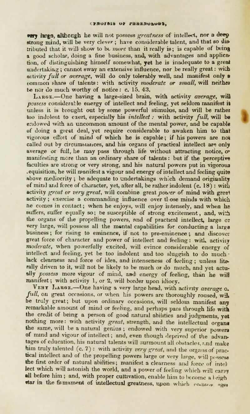 mojftib uit ei*itj££rui,u»B, HTJ tug's, although he will not possess greatness of intellect, nor a deep strong mind, will be very clever ; have considerable talent, and that so dis- tributed that it will show to be more than it really is; is capable of being a good scholar, doing a fine business, and\ with advantages and applies* tion, of distinguishing himself somewhat, yet he is inadequate to a great undertaking; cannot sway an extensive influence, nor be really great: wiib activity _/u# or overage, will do only tolerably well, and manifest only a common share of talents: with activity moderate or small, will netthei be nor do much worthy of notice: c. 15. 43. Large.—One having a large-sued brain, with activity average, wiU possess considerable energy of intellect and feeling, yet seldom manifest it unless ii is brought out by some powerful stimulus, and will be rathe.' too indolent to cjtert, especially his intellect ; with activity full, will be endowed with an uncommon amount of the mental power, and be capable of doing a gie&t deal, yet require considerable to awaken him to that vigorous effoit of mind of which he is capable; if his powers are no* called out by circumstances, and his organs of practical intellect are only average or full, he may pass through life without attracting notice, c manifesting more than an ordinary share of talents: but if the perceptive faculties are strong or very strong, and his natural powers put in vigorous .equisition, he will rpanifest a vigour and energy of intellect and feeling quite above mediocrity ; be adequate to undertakings wh'.ch demand originality ef mind and force of cluracter, yet, after all, be rather indolent (c. 18): with activity great or very great, will combine great power of mind with grea< activity ; exercise a commanding influence over tl ose minds with which ne comes in contact; when he enjoys, will enjoy intensely, and when he suffers, suffer equally so; be susceptible of strong excitement, and, wii the organs of the propelling powers, and of practicnl intellect, large or very large, will possess all the mental capabilities for conducting a large business; for rising to eminence, if not to pre-eminence; and discover gTeat force of character and power of intellect and reeling: witk activity moderate, when powerfully excited, will evince considerable energy of intellect and feeling, yet be too indolent and too sluggish to do much ■ lack clearness and force of idea, and intenseness of feeling ; unless lite- rally driven to it, will not be likely to be much or do much, and yet actu- ally possess more vigour of mind, ami energy of feeling, than he wiM manifest; with activity 1, or 2, will border upon idiocy. Vehx 1,ar8e.—One having a very large head, with activity average o. full, on great occasions, or when his powers are thoroughly roused, wit be truly great; but upon ordinary occasions, will seldom manifest any remarkable amount of mind or feebng, and perhaps pasrs through life with the credit of being a person of good natural abilities and judgments, yet nothing more: with activity great, strength, and the intellectual organi the same, will be a natural genius ; endowed with very superior powers of mind and vigour of intellect; and, even though deprived of the advan- tages of education, his natural talents will surmount all obstacles, Mid make him truly talented (c. 7) : with activity very great, anil the orgims of prac- tical intellect and of the propelling powers large or very large, wit] pcosesa the first order of natural abilities; manifest a clearness and force of into! lect which will astonish the world, and a power of feeling which will car?? all before him; and, with proper cultivation, enable him to become a Irigh iter in the finnament of intellectual greatness, upon wliicb i-rum,,, *&»