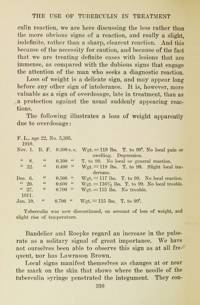 culin reaction, we are here discussing the less rather than the more obvious signs of a reaction, and really a slight, indefinite, rather than a sharp, clearcut reaction. And this because of the necessity for caution, and because of the fact that we are treating definite cases with lesions that are immense, as compared with the dubious signs that engage the attention of the man who seeks a diagnostic reaction. Loss of weight is a delicate sign, and may appear long before any other sign of intolerance. It is, however, more valuable as a sign of overdosage, late in treatment, than as a protection against the usual suddenly appearing reac- tions. The following illustrates a loss of weight apparently due to overdosage: F. L., age 22, No. 5,395. 1910. Nov. 1. B. F. 0.300 c. c. Wgt. = 119 lbs. T. to 99. No local pain or swelling. Depression. 0.300  T. to 99. No local or general reaction.  0.400  Wgt. = 119 lbs. T. to 99. Slight local ten- derness.  0.500  Wgt. = 117 lbs. T. to 99. No local reaction.  0.600  Wgt. = 116y3 lbs. T. to 99. No local trouble. 0.700  Wgt. = 115 lbs. No trouble. 0.700  Wgt. = 115 lbs. T. to 99. Tuberculin was now discontinued, on account of loss of weight, and slight rise of temperature. Bandelier and Eoepke regard an increase in the pulse- rate as a solitary signal of great importance. We have not ourselves been able to observe this sign as at all fre- quent, nor has Lawrason Brown. Local signs manifest themselves as changes at or near the mark on the skin that shows where the needle of the tuberculin syringe penetrated the integument. They con- 310 it 8. a 22. Dec, 6. it 20. a 27. 1911. Jan , 10.