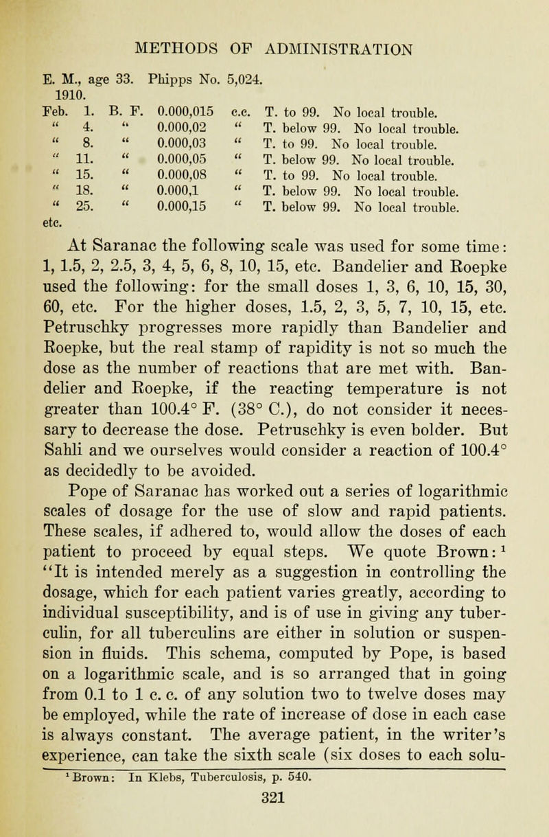 1910. Feb. 1. B. F. 0.000,015 e.e.  4.  0.000,02 »  8. a 0.000,03 tt  11. u 0.000,05 it  15. it 0.000,08 tt  18. ti 0.000,1 it  25. it 0.000,15 a METHODS OP ADMINISTRATION T. to 99. No local trouble. 4. 0.000,02  T. below 99. No local trouble.  8.  0.000,03  T. to 99. No local trouble.  11.  0.000,05  T. below 99. No local trouble.  15.  0.000,08  T. to 99. No local trouble.  18.  0.000,1  T. below 99. No local trouble.  25.  0.000,15  T. below 99. No local trouble, etc. At Saranac the following scale was used for some time: 1,1.5, 2, 2.5, 3, 4, 5, 6, 8, 10, 15, etc. Bandelier and Eoepke used the following: for the small doses 1, 3, 6, 10, 15, 30, 60, etc. For the higher doses, 1.5, 2, 3, 5, 7, 10, 15, etc. Petruschky progresses more rapidly than Bandelier and Roepke, but the real stamp of rapidity is not so much the dose as the number of reactions that are met with. Ban- delier and Eoepke, if the reacting temperature is not greater than 100.4° F. (38° C), do not consider it neces- sary to decrease the dose. Petruschky is even bolder. But Sahli and we ourselves would consider a reaction of 100.4° as decidedly to be avoided. Pope of Saranac has worked out a series of logarithmic scales of dosage for the use of slow and rapid patients. These scales, if adhered to, would allow the doses of each patient to proceed by equal steps. We quote Brown:1 It is intended merely as a suggestion in controlling the dosage, which for each patient varies greatly, according to individual susceptibility, and is of use in giving any tuber- culin, for all tuberculins are either in solution or suspen- sion in fluids. This schema, computed by Pope, is based on a logarithmic scale, and is so arranged that in going from 0.1 to 1 c. c. of any solution two to twelve doses may be employed, while the rate of increase of dose in each case is always constant. The average patient, in the writer's experience, can take the sixth scale (six doses to each solu- 1 Brown: In Klebs, Tuberculosis, p. 540.
