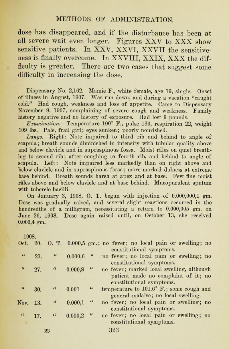 dose has disappeared, and if the disturbance has been at all severe wait even longer. Figures XXV to XXX show sensitive patients. In XXV, XXVI, XXVII the sensitive- ness is finally overcome. In XXVIII, XXIX, XXX the dif- ficulty is greater. There are two cases that suggest some difficulty in increasing the dose. Dispensary No. 2,162. Mamie F., white female, age 19, single. Onset of illness in August, 1907. Was run down, and during a vacation caught cold. Had cough, weakness and loss of appetite. Came to Dispensary November 9, 1907, complaining of severe cough and weakness. Family history negative and no history of exposure. Had lost 9 pounds. Examination.-—Temperature 100° F., pulse 130, respiration 22, weight 109 lbs. Pale, frail girl; eyes sunken; poorly nourished. Lungs.—Right: Note impaired to third rib and behind to angle of scapula; breath sounds diminished in intensity with tubular quality above and below clavicle and in supraspinous fossa. Moist rales on quiet breath- ing to second rib; after coughing to fourth rib, and behind to angle of scapula. Left: Note impaired less markedly than on right above and below clavicle and in supraspinous fossa; more marked dulness at extreme base behind. Breath sounds harsh at apex and at base. Few fine moist rales above and below clavicle and at base behind. Mucopurulent sputum with tubercle bacilli. On January 3, 1908, O. T. begun with injection of 0.000,000,1 gin. Dose was gradually raised, and several slight reactions occurred in the hundredths of a milligram, necessitating a return to 0.000,005 gm. on June 26, 1908. Dose again raised until, on October 13, she received 0.000,4 gm. 1908. Oct. 20. O. T. 0.000,5 gm.; no fever; no local pain or swelling; no constitutional symptoms.  23.  0.000,6  no fever; no local pain or swelling; no constitutional symptoms.  27.  0.000,8  no fever; marked local swelling, although patient made no complaint of it; no constitutional symptoms.  30.  0.001  temperature to 101.6° F.; some cough and general malaise; no local swelling. Nov. 13. '' 0.000,1  no fever; no local pain or swelling; no constitutional symptoms.  17.  0.000,2  no fever; no local pain or swelling; no constitutional symptoms.