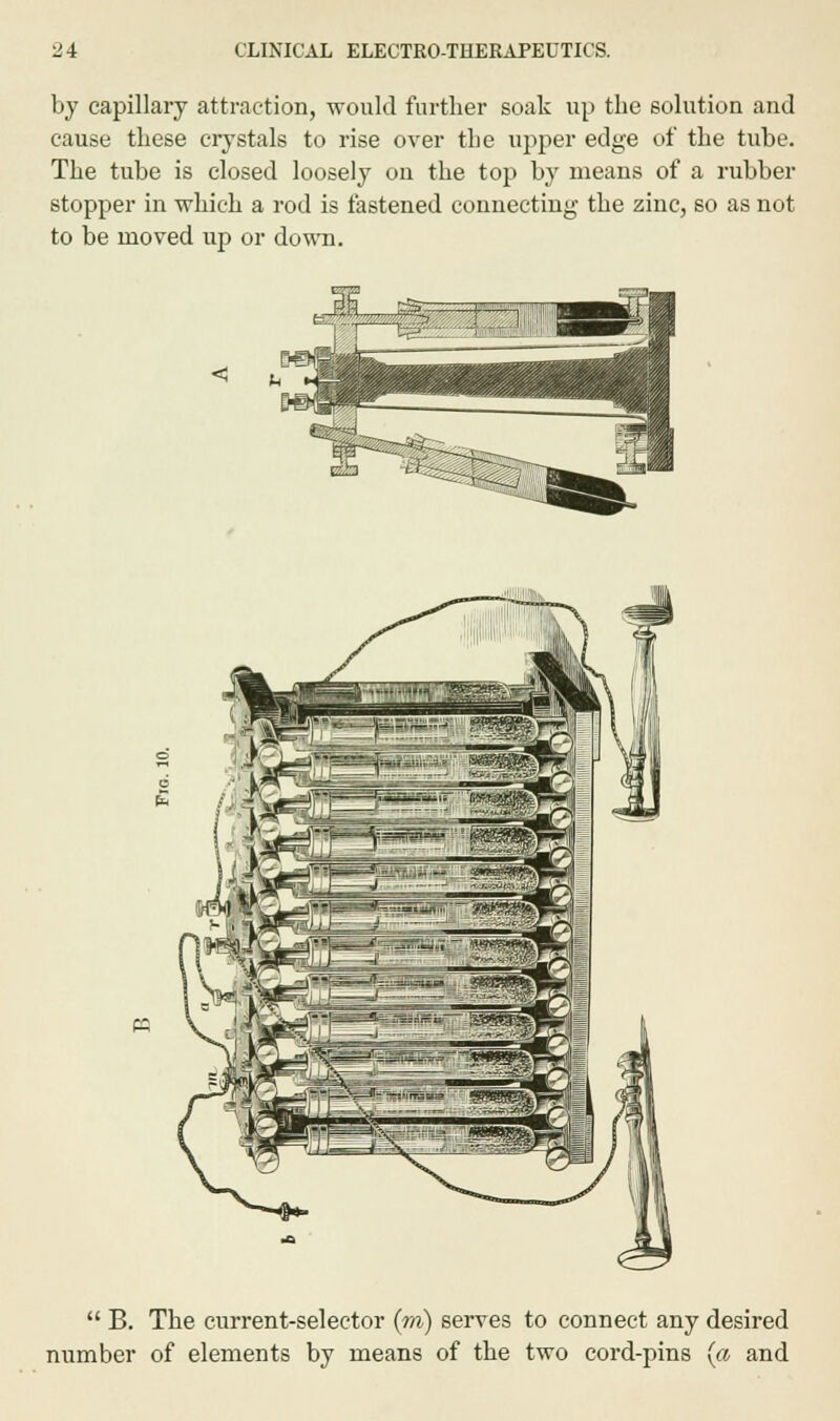 by capillary attraction, would further soak up the solution and cause these crystals to rise over the upper edge of the tube. The tube is closed loosely on the top by means of a rubber stopper in which a rod is fastened connecting the zinc, so as not to be moved up or down.  B. The current-selector (to) serves to connect any desired number of elements by means of the two cord-pins (a and