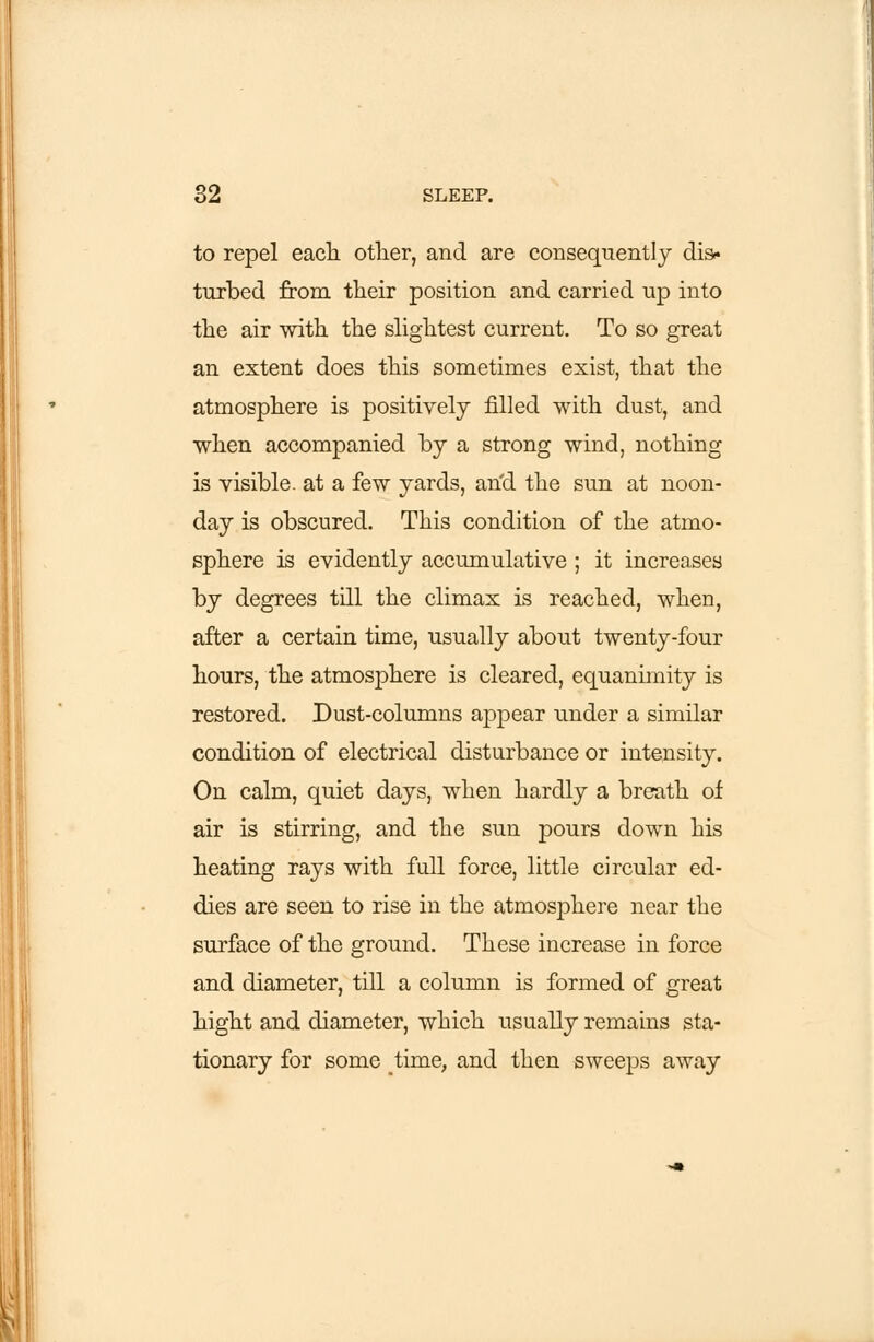 to repel each other, and are consequently dis- turbed from their position and carried up into the air with the slightest current. To so great an extent does this sometimes exist, that the atmosphere is positively filled with dust, and when accompanied by a strong wind, nothing is visible, at a few yards, and the sun at noon- day is obscured. This condition of the atmo- sphere is evidently accumulative ; it increases by degrees till the climax is reached, when, after a certain time, usually about twenty-four hours, the atmosphere is cleared, equanimity is restored. Dust-columns appear under a similar condition of electrical disturbance or intensity. On calm, quiet days, when hardly a breath of air is stirring, and the sun pours down his heating rays with full force, little circular ed- dies are seen to rise in the atmosphere near the surface of the ground. These increase in force and diameter, till a column is formed of great hight and diameter, which usually remains sta- tionary for some time, and then sweeps away