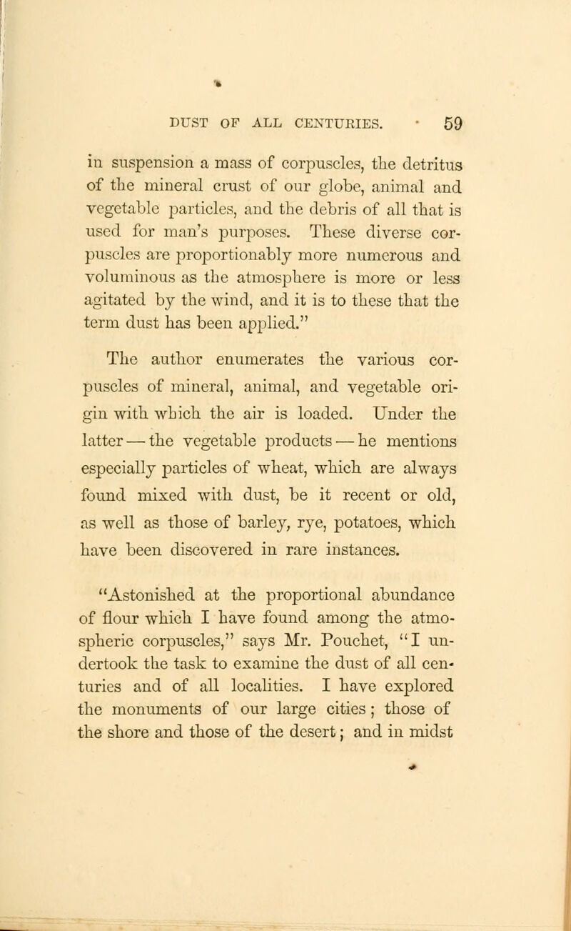 in suspension a mass of corpuscles, the detritus of the mineral crust of our globe, animal and vegetable particles, and the debris of all that is used for man's purposes. These diverse cor- puscles are proportionably more numerous and voluminous as the atmosphere is more or less agitated by the wind, and it is to these that the term dust has been applied. The author enumerates the various cor- puscles of mineral, animal, and vegetable ori- gin with which the air is loaded. Under the latter — the vegetable products — he mentions especially particles of wheat, which are always found mixed with dust, be it recent or old, as well as those of barley, rye, potatoes, which have been discovered in rare instances. Astonished at the proportional abundance of flour which I have found among the atmo- spheric corpuscles, says Mr. Pouchet, I un- dertook the task to examine the dust of all cen- turies and of all localities. I have explored the monuments of our large cities ; those of the shore and those of the desert; and in midst