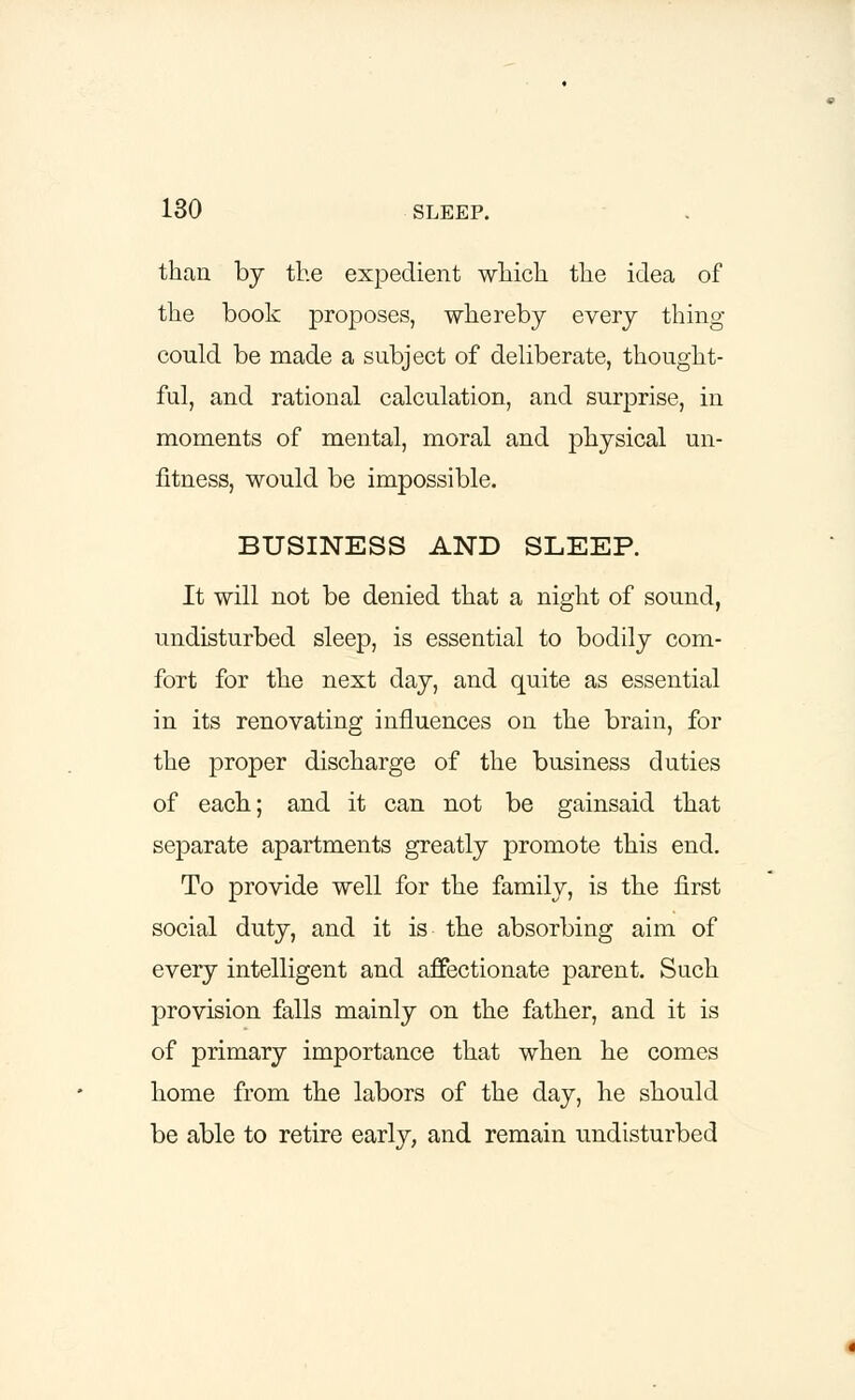 than by the expedient which the idea of the book proposes, whereby every thing- could be made a subject of deliberate, thought- ful, and rational calculation, and surprise, in moments of mental, moral and physical un- fitness, would be impossible. BUSINESS AND SLEEP. It will not be denied that a night of sound, undisturbed sleep, is essential to bodily com- fort for tlie next day, and quite as essential in its renovating influences on the brain, for the proper discharge of the business duties of each; and it can not be gainsaid that separate apartments greatly promote this end. To provide well for the family, is the first social duty, and it is the absorbing aim of every intelligent and affectionate parent. Such provision falls mainly on the father, and it is of primary importance that when he comes home from the labors of the day, he should be able to retire early, and remain undisturbed