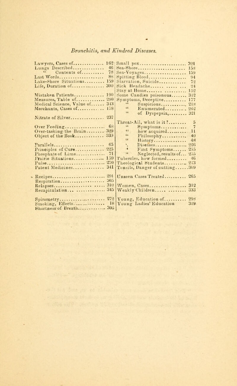 Bronchitis, and Kindred Diseases. Lawyers, Cases of 102 Lungs Described 46 ' Contents of 78 Last Words 8s Lake-Shore Situations 150 Life, Duration of 300 Mistaken Patients 190 Measures, Table of 200 Medical Science, Value of 313 Merchants, Cases of .. 1^8 Nitrate of Silver 237 Over Feeding 68 Over-tasking the Brain 32!) Object of the Book 33J Parallels 65 Principles of Cure 225 Phosphate of Lime 71 Prairie Situations 159 Pulse 270 1'atent Medicines 341 Recipes 201 Respiration 305 Relapses 310 Recapitulation 345 Spirometry 272 Smoking, Effects 18 Shortness of Breath 300 Small pox 321 Sea-Shore 15H Sea-Voyages 150 Spitting lilood 04 Starvation, Suicide 72 Sick Headache 24 Stay at Home 152 Some Candies poisonous 312 Symptoms, Deceptive 177  Suspicious 2ld  Knumerated ..202  of Dyspepsia, 321 Throat-Ail, what is it ? 5  Symptoms 7  how acquired 11  Philosophy 40  History 48 '. Diseases 220 * First Symptoms 255  Neglected, results of... 205 Tubercles, how formed 40 Theological Students 243 Tonsils, Danger of cutting 300 Unseen Cases Treated 265 Women, Cases 312 Weakly Children 333 Young, Education of 208 Young Ladies' Education 329