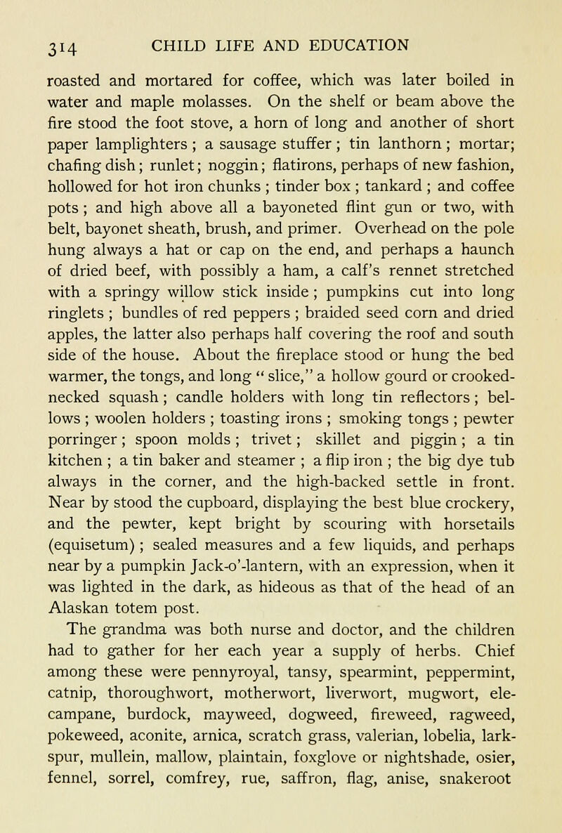 roasted and mortared for coffee, which was later boiled in water and maple molasses. On the shelf or beam above the fire stood the foot stove, a horn of long and another of short paper lamplighters ; a sausage staffer ; tin lanthorn ; mortar; chafing dish; runlet; noggin; flatirons, perhaps of new fashion, hollowed for hot iron chunks ; tinder box ; tankard ; and coffee pots; and high above all a bayoneted flint gun or two, with belt, bayonet sheath, brush, and primer. Overhead on the pole hung always a hat or cap on the end, and perhaps a haunch of dried beef, with possibly a ham, a calf's rennet stretched with a springy willow stick inside ; pumpkins cut into long ringlets ; bundles of red peppers ; braided seed corn and dried apples, the latter also perhaps half covering the roof and south side of the house. About the fireplace stood or hung the bed warmer, the tongs, and long  slice, a hollow gourd or crooked- necked squash; candle holders with long tin reflectors; bel- lows ; woolen holders ; toasting irons ; smoking tongs ; pewter porringer; spoon molds ; trivet; skillet and piggin; a tin kitchen ; a tin baker and steamer ; a flip iron ; the big dye tub always in the corner, and the high-backed settle in front. Near by stood the cupboard, displaying the best blue crockery, and the pewter, kept bright by scouring with horsetails (equisetum); sealed measures and a few liquids, and perhaps near by a pumpkin Jack-o'-lantern, with an expression, when it was lighted in the dark, as hideous as that of the head of an Alaskan totem post. The grandma was both nurse and doctor, and the children had to gather for her each year a supply of herbs. Chief among these were pennyroyal, tansy, spearmint, peppermint, catnip, thoroughwort, motherwort, liverwort, mugwort, ele- campane, burdock, mayweed, dogweed, fireweed, ragweed, pokeweed, aconite, arnica, scratch grass, valerian, lobelia, lark- spur, mullein, mallow, plaintain, foxglove or nightshade, osier, fennel, sorrel, comfrey, rue, saffron, flag, anise, snakeroot