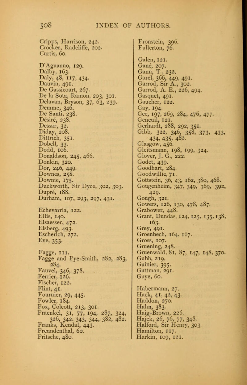 Cripps, Harrison, 242. Crocker, Radclifife, 202. Curtis, 60. D'Aguanno, 129. Dalby, 163. Daly, 48, 117,434- Dauvin, 491. De Gassicourt, 267. De la Sota, Ramon. 203. 301. Delavan, Bryson, 37, 63, 239. Demme, 346. De Santi, 238. Desire, 238. Dessar, 32. Diday, 208. Dittrich. 351. Dobell, 33. Dodd, 106. Donaldson, 245, 466. Donkin. 320. Dor, 246, 449. Downes, 258. Downie, 175. Duckworth, Sir Dyce. 302, 303. Dupre, 188. Durham, 107, 293, 297, 431. Echevarria, 122. Ellis, 140. Elsaesser, 472. Elsberg, 493. Escherich, 272. Eve, 353. Fagge, in. Fagge and Pye-Smith, 282, 283, 284. Fauvel, 346, 378. Ferrier, 126. Fischer, 122. Flint, 41. Fournier. 29, 445. Fowler, 184. Fox, Colcott, 213, 301. Fraenkel, 31, 77, 194, 2S7, 324, 326, 342. 343, 344, 382, 482. Franks, Kendal, 443. Freundenthal, 60. Fritsche, 480. Fronstein, 396. Fullerton, 76. Galen, 121. Gane, 207. Gann, T., 232. Garel, 366, 449. 491. Garrod, Sir A., 302. Garrod, A. E., 226, 494. Gasquet, 491. Gaucher, 122. Gay, 194. Gee, 197, 269, 284, 476, 477. Geneuil, 121. Gerhardt, 288, 292, 351. Gibb, 322, 346, 358, 373, 433, 434; 435» 482. Glasgow, 456. Gleitsmann. 198, 199, 324. Glover, J. G., 222. Godet, 439. Goodhart, 284. Goodwillie, 71 Gottstein, 36, 43, 162, 380, 468. Gougenheim, 347, 349, 369, 392, 429. Gough, 321. Gowers, 126, 130, 47S, 4S7. Grabower, 448. Grant, Dundas. 124, 125, 135.138, 163. Grey, 491. Groenbech, 164. 167. Gross, 107. Gruening, 248. Gruenwald. 81, 87, 147, 14S, 370. Gubb, 219. Guinier, 395. Guttman. 291. Guye, 60. Habermann, 27. Hack, 41, 42, 43. Haddon, 270. Hahn, 383. Haig-Brown, 226. Hajek, 26, 76, 77. 348. Halford, Sir Henry. 303. Hamilton, 117. Harkin, 109, 121.