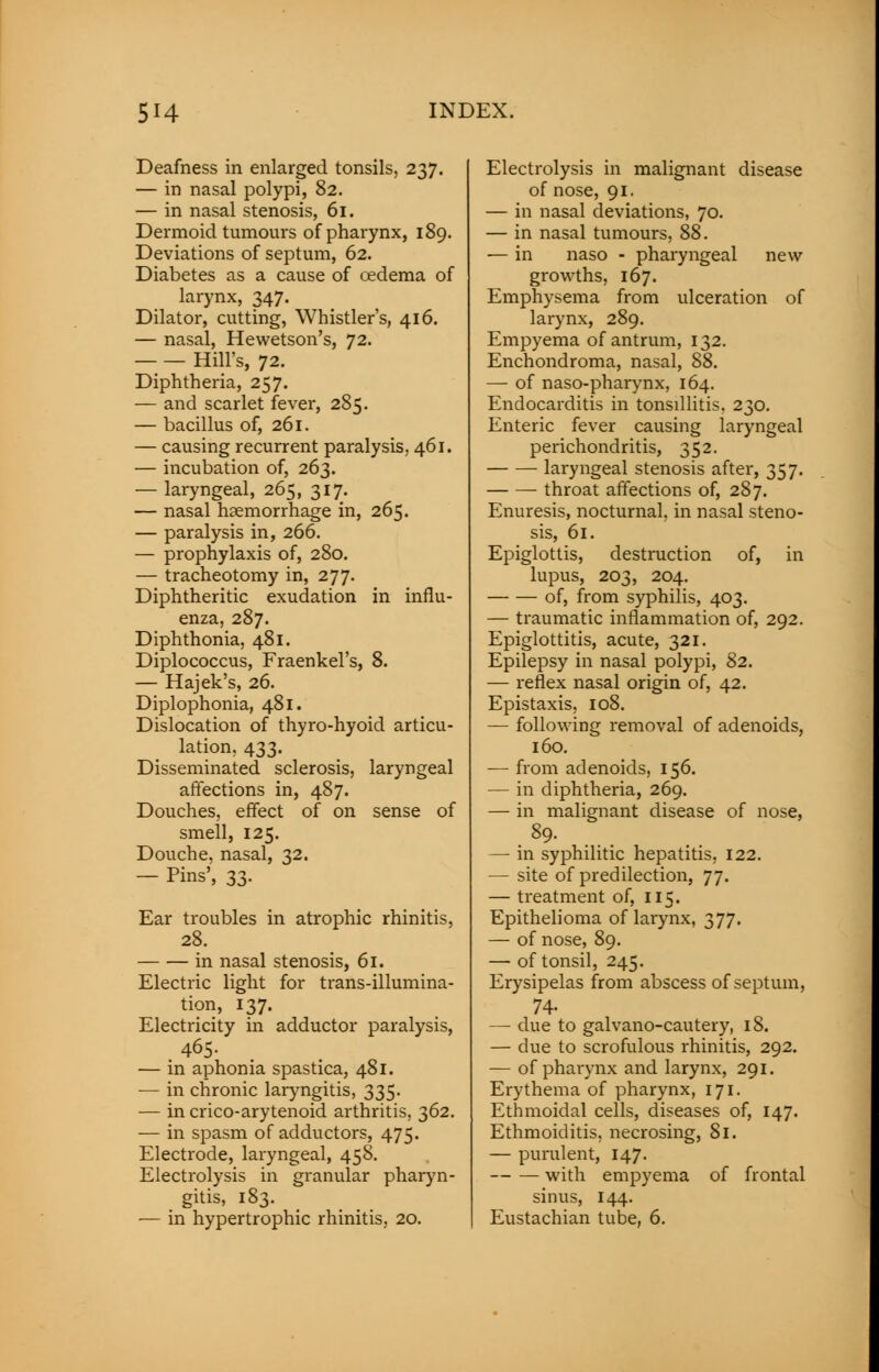 Deafness in enlarged tonsils, 237. — in nasal polypi, 82. — in nasal stenosis, 61. Dermoid tumours of pharynx, 189. Deviations of septum, 62. Diabetes as a cause of oedema of larynx, 347. Dilator, cutting, Whistler's, 416. — nasal, Hewetson's, 72. Hill's, 72. Diphtheria, 257. — and scarlet fever, 285. — bacillus of, 261. — causing recurrent paralysis, 461. — incubation of, 263. — laryngeal, 265, 317. — nasal haemorrhage in, 265. — paralysis in, 266. — prophylaxis of, 280. — tracheotomy in, 277. Diphtheritic exudation in influ- enza, 287. Diphthonia, 481. Diplococcus, Fraenkel's, 8. — Hajek's, 26. Diplophonia, 481. Dislocation of thyro-hyoid articu- lation, 433. Disseminated sclerosis, laryngeal affections in, 487. Douches, effect of on sense of smell, 125. Douche, nasal, 32. — Pins', 33. Ear troubles in atrophic rhinitis, 28. in nasal stenosis, 61. Electric light for trans-illumina- tion, 137. Electricity in adductor paralysis, 465- — in aphonia spastica, 481. — in chronic laryngitis, 335. — in crico-arytenoid arthritis, 362. — in spasm of adductors, 475. Electrode, laryngeal, 458. Electrolysis in granular pharyn- gitis, 183. — in hypertrophic rhinitis, 20. Electrolysis in malignant disease of nose, 91. — in nasal deviations, 70. — in nasal tumours, 88. — in naso - pharyngeal new growths, 167. Emphysema from ulceration of larynx, 289. Empyema of antrum, 132. Enchondroma, nasal, 88. — of naso-pharynx, 164. Endocarditis in tonsillitis, 230. Enteric fever causing laryngeal perichondritis, 352. laryngeal stenosis after, 357. throat affections of, 287. Enuresis, nocturnal, in nasal steno- sis, 61. Epiglottis, destruction of, in lupus, 203, 204. of, from syphilis, 403. — traumatic inflammation of, 292. Epiglottitis, acute, 321. Epilepsy in nasal polypi, 82. — reflex nasal origin of, 42. Epistaxis, 108. — following removal of adenoids, 160. — from adenoids, 156. — in diphtheria, 269. — in malignant disease of nose, — in syphilitic hepatitis, 122. — site of predilection, 77. — treatment of, 115. Epithelioma of larynx, 377. — of nose, 89. — of tonsil, 245. Erysipelas from abscess of septum, 74- — due to galvano-cautery, 18. — due to scrofulous rhinitis, 292. — of phaiynx and larynx, 291. Erythema of pharynx, 171. Ethmoidal cells, diseases of, 147. Ethmoiditis, necrosing, 81. — purulent, 147. — — with empyema of frontal sinus, 144. Eustachian tube, 6.