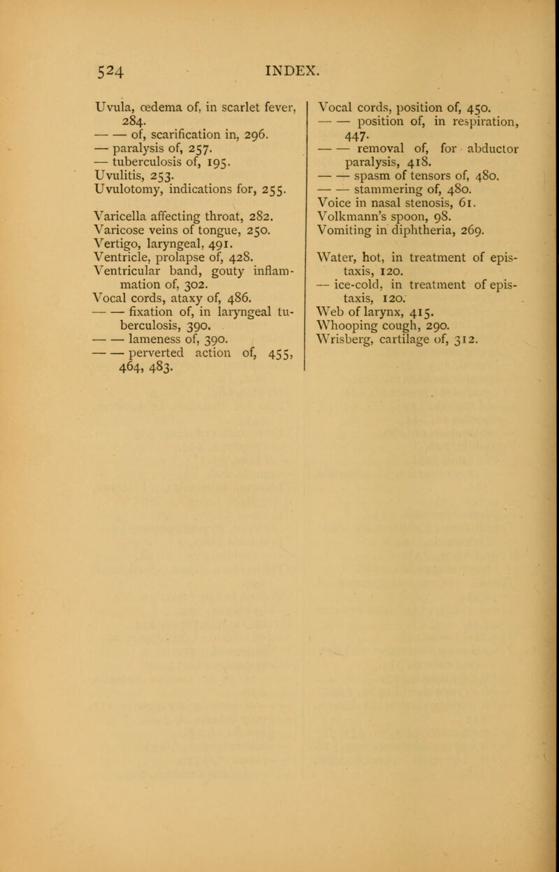 Uvula, oedema of, in scarlet fever, 284. of, scarification in, 296. — paralysis of, 257. — tuberculosis of, 195. Uvulitis, 253. Uvulotomy, indications for, 255. Varicella affecting throat, 282. Varicose veins of tongue, 250. Vertigo, laryngeal, 491. Ventricle, prolapse of, 428. Ventricular band, gouty inflam- mation of, 302. Vocal cords, ataxy of, 486. fixation of, in laryngeal tu- berculosis, 390. lameness of, 390. perverted action of, 455, 464, 483. Vocal cords, position of, 450. position of, in respiration, 447- removal of, for abductor paralysis, 418. spasm of tensors of, 480. stammering of, 480. Voice in nasal stenosis, 61. Volkmann's spoon, 98. Vomiting in diphtheria, 269. Water, hot, in treatment of epis- taxis, 120. — ice-cold, in treatment ofepis- taxis, 120. Web of larynx, 415. Whooping cough, 290. Wrisberg, cartilage of, 312.