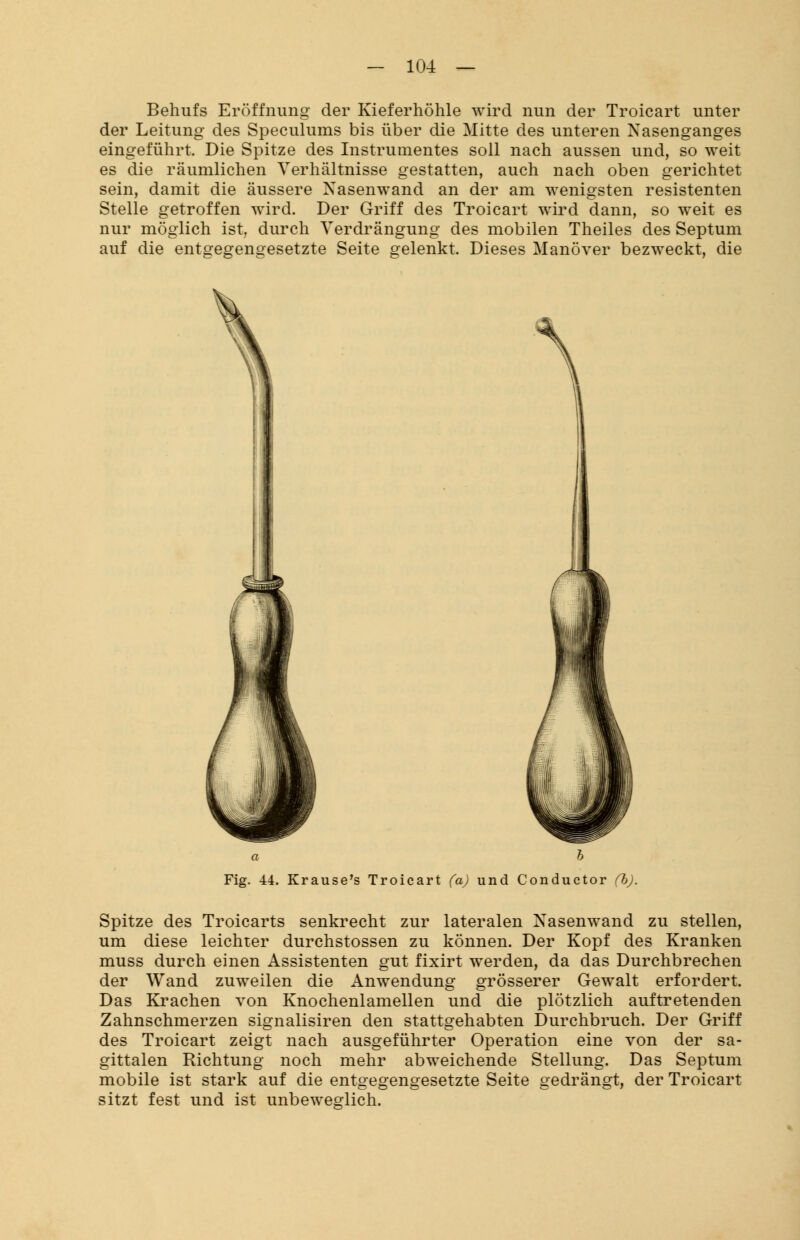 Behufs Eröffnung der Kieferhöhle wird nun der Troicart unter der Leitung des Speculums bis über die Mitte des unteren Nasenganges eingeführt. Die Spitze des Instrumentes soll nach aussen und, so weit es die räumlichen Verhältnisse gestatten, auch nach oben gerichtet sein, damit die äussere Nasenwand an der am wenigsten resistenten Stelle getroffen wird. Der Griff des Troicart wird dann, so weit es nur möglich ist, durch Verdrängung des mobilen Theiles des Septum auf die entgegengesetzte Seite gelenkt. Dieses Manöver bezweckt, die iv a b Fig. 44. Krause's Troicart (a) und Conductor (b). Spitze des Troicarts senkrecht zur lateralen Nasenwand zu stellen, um diese leichter durchstossen zu können. Der Kopf des Kranken muss durch einen Assistenten gut fixirt werden, da das Durchbrechen der Wand zuweilen die Anwendung grösserer Gewalt erfordert. Das Krachen von Knochenlamellen und die plötzlich auftretenden Zahnschmerzen signalisiren den stattgehabten Durchbruch. Der Griff des Troicart zeigt nach ausgeführter Operation eine von der sa- gittalen Richtung noch mehr abweichende Stellung. Das Septum mobile ist stark auf die entgegengesetzte Seite gedrängt, der Troicart sitzt fest und ist unbeweglich.
