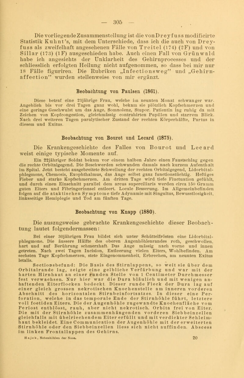 Die vorliegende Zusammenstellung ist die vonDrey f uss modificirte Statistik Kuhnt's, mit dem Unterschiede, dass ich die auch von Drey- fuss als zweifelhaft angesehenen Fälle von Treitel (174) (-2F) und von Sillar (173) (1F) ausgeschieden habe. Auch einen Fall von Grünwald habe ich angesichts der Unklarheit des Gehirnprocesses und der schliesslich erfolgten Heilung nicht aufgenommen, so dass bei mir nur 18 Fälle figuriren. Die Rubriken „Infectionsweg und „Gehirn- affection wurden stellenweise von mir ergänzt. Beobachtung von Paulsen (1861). Diese betraf eine 23jährige Frau, welche iin neunten Monat schwanger war. Angeblich bis vor drei Tagen ganz wohl, bekam sie plötzlich Kopfschmerzen und eine geringe Geschwulst um das Auge, Somnolenz, Stupor. Patientin lag ruhig da mit Zeichen von Kopfcongestion, gleichmässig contrahirten Pupillen und starrem Blick. Nach drei weiteren Tagen paralytischer Zustand der rechten Körperhälfte, Partus in diesem und Exitus. Beobachtung von Bourot und Lecard (1875). Die Krankengeschichte des Falles von Bourot und Lecard weist einige typische Momente auf. Ein 22jähriger Soldat bekam vor einem halben Jahre einen Faustschlag gegen die rechte Orbitalgegend. Die Beschwerden schwanden damals nach kurzem Aufenthalt im Spital. Jetzt besteht ausgebreitete Schwellung der rechten Orbitalgegend, Lidorbital- phlegmone, Chemosis, Exophthalmus, das Auge selbst ganz functionstüchtig. Heftiges Fieber und starke Kopfschmerzen. Am dritten Tage wird tiefe Fluctuation gefühlt, und durch einen Einschnitt parallel dem arcus superciliaris werden circa lo<» Gramm guten Eiters und Fibringerinnsel entleert. Locale Besserung. Im Allgemeinbefinden folgen auf die ataktischen Symptome tiefe Adynamie mit Singultus, Bewusstlosigkeit, linksseitige Hemiplegie und Tod am fünften Tage. Beobachtung von Knapp (1880). Die auszugsweise gebrachte Krankengeschichte dieser Beobach- tung lautet folgendermassen: Bei einer 30jährigen Frau bildet sich unter Schüttelfrösten eine Lidorbital- phlegmone. Die äussere Hälfte des oberen Augenhöhlenrandes roth, geschwollen, hart und auf Berührung schmerzhaft. Das Auge massig nach vorne und innen getreten. Nach zwei Tagen Incision, Entleerung vielen Eiters, Wohlbefinden. Am sechsten Tage Kopfschmerzen, stete Eingenommenheit, Erbrechen, am neunten Exitus letalis. Sectiousbefund: Die Basis des Stirnlappens, so weit sie über dem Orbitalrande lag, zeigte eine gelbliche Verfärbung und war mit der harten Hirnhaut an einer runden Stelle von 1 Centimeter Durchmesser fest verwachsen. Nur hier war die Dura bläulich und mit wenigen an- haftenden Eiterflocken bedeckt. Dieser runde Fleck der Dura lag auf einer gleich grossen nekrotischen Knochenstelle am inneren vorderen Abschnitt des horizontalen Stirnbeinfortsatzes. In dieser eine Per- foration, welche in das temporale Ende der Stirnhöhle führt, letztere voll foetiden Eiters. Die der Augenhöhle zugewandte Knochenfläche vom Periost entblösst, rauh, aber nicht nekrotisch. Orbita frei von Eiter. Die mit der Stirnhöhle zusammenhängenden vorderen Siebbeinzellen gleichfalls mit übelriechendem Eiter erfüllt und mit verdickter Schleim- haut bekleidet. EineCommunication der Augenhöhle mit der erweiterten Stirnhöhle oder den Siebbeinzellen Hess sich nicht auffinden. Abscess im linken Frontallappen des Gehirns. Hajek, Nebenhöhlen der Nase. 20