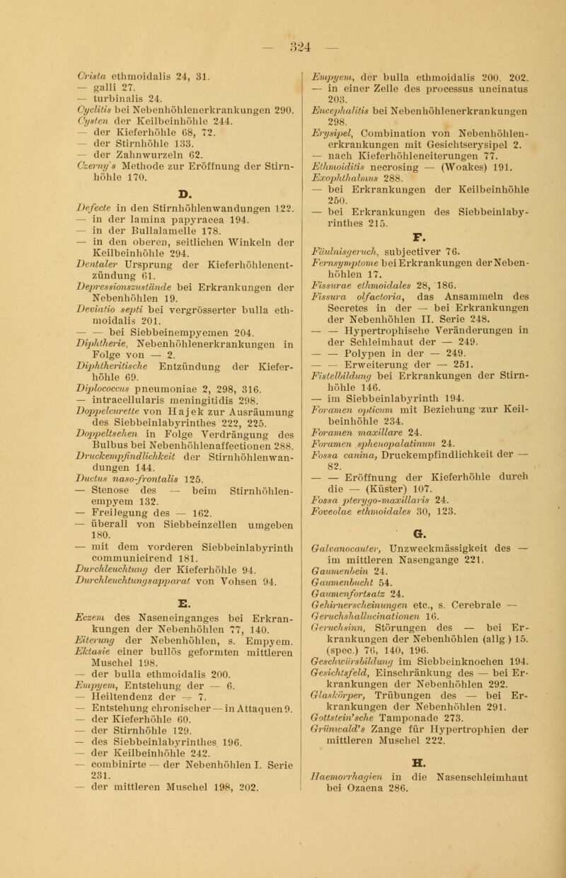 Crista ethmoidalis 24, 31. — galli 27. — turbinalis 24. Cyclitis bei Nebenhöhlenerkrankungen 200. Cysten der Keilbeinhöhle 244. - der Kieferhöhle G8, 72. — der Stirnhöhle 133. — der Zahnwurzeln 62. Gzernys Methode zur Eröffnung der Stirn- höhle 170. D. Defecte in den Stirnhöhlenwandungen 122. — in der lamina papyracea 194. — in der Bullalamelle 178. — in den oberen, seitlichen Winkeln der Keilbeinhöhle 294. Dentale?- Ursprung der Kieferhöhlenent- zündung 61. Depressionszustände bei Erkrankungen der Nebenhöhlen 19. Deviaiio septi bei vergrösserter bulla eth- moidalis 201. — — bei Siebbeinempyemen 204. Diphtherie, Nebenhöhlenerkrankungen in Folge von — 2. Diphtherische Entzündung der Kiefer- höhle 69. Diplococcus pneumoniae 2, 298, 316. — intracellularis meningitidis 298. Doppelcurette von Hajek zur Ausräumung des Siebbeinlabyrinthes 222, 225. Doppeltsehen in Folge Verdrängung des Bulbus bei Nebenhöhlenaffectionen 288. Druckempfindlichkeit der Stirnhöhlenwan- dungen 144. Ductus naso-frontalis 125. — Stenose des — beim Stirnhöhlen- empyem 132. — FreiJegung des — 162. — überall von Siebbeinzellen umgeben 180. — mit dem vorderen Siebbeinlabyrinth communicirend 181. Durchleuchtung der Kieferhöhle 94. Durchleuchtungsapparat von Vohsen 94. E. Eczem des Naseneinganges bei Erkran- kungen der Nebenhöhlen 77, 140. Eiterung der Nebenhöhlen, s. Empyem. Ektasie einer bullös geformten mittleren Muschel 198. — der bulla ethmoidalis 200. Empyem, Entstehung der — 6. — Heiltendenz der — 7. — Entstehung chronischer — in Attaquen 9. — der Kieferhöhle 60. — der Stirnhöhle 129. — des Siebbeinlabyrinthes 196. — der Keilbeinhöhle 242. — combinirte — der Nebenhöhlen I. Serie 231. - der mittleren Muschel 198, 202. Empyem, der bulla ethmoidalis 200. 202. — in einer Zelle des processus uncinatus 203. Encephalitis bei Nebenhöhlenerkrankungen 298. Erysipel, Combination von Nebenhöhlen- erkrankungen mit Gesichtserysipel 2. — nach Kieferhöhleneiterungen 77. Ethmoiditis necrosing — (Woakes) 191. Exophthalmus 288. — bei Erkrankungen der Keilbeinhöhle 250. — bei Erkrankungen des Siebbeinlaby- rinthes 215. F. Fäidnisgeruch, subjectiver 76. Fernsymptome bei Erkrankungen der Neben- höhlen 17. Fissurae ethmoidales 28, 186. Fissura olfactoria, das Ansammeln des Secretes in der — bei Erkrankungen der Nebenhöhlen II. Serie 248. — — Hypertrophische Veränderungen in der Schleimhaut der — 249. — — Polypen in der — 249. — — Erweiterung der — 251. Fistelbildung bei Erkrankungen der Stirn- höhle 146. — im Siebbeinlabyrinth 194. Foramen opticum mit Beziehung 'zur Keil- beinhöhle 234. Foramen maxillare 24. Foramen spheuopalatinum 24. Fossa canina, Druckempfindlichkeit der — 82. Eröffnung der Kieferhöhle durch die — (Küster) 107. Fossa pterygo-maxillaris 24. Foveolae ethmoidales 30, 123. G. Galvanocauter, Unzweckmässigkeit des — im mittleren Nasengange 221. Gaumenhein 24. Gaumenbucht 54. Gaumenforts atz 24. Gehirnerscheinungen etc., s. Cerebrale — Geruchshallucinationen 16. Geruchsinn, Störungen des — bei Er- krankungen der Nebenhöhlen (allg.) 15. (spec.) 76, 140, 196. Geschwürshildung im Siebbeinknochen 194. Gesichtsfeld, Einschränkung des — bei Er- krankungen der Nebenhöhlen 292. Glaskörper, Trübungen des — bei Er- krankungen der Nebenhöhlen 291. Gottstein'sche Tamponade 273. Grümualä's Zange für Hypertrophien der mittleren Muschel 222. Haemorrhagien in die Nasenschleimhaut bei Ozaena 286.