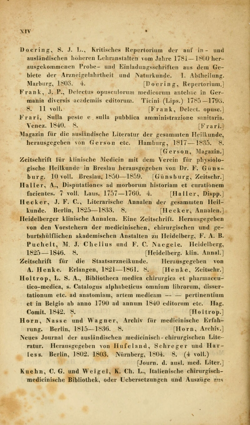 Doering, S. J. L., Ki'itis«;lies Kepertoriuni der auf in - und ausiiindischen lioheren Lehrunstalten vom Jalire 1781—iJ^dOher- aus^elvommcnen Prohe- und Einladun^sschrilten aus dem Ge- biete der Arznei^elahrtheit und JNaturkunde. 1. AhtJieilung. Marbursr, 1803. 4. [Doering, Uepertorium.j Frank, J. P., Dclectus opusculorum nicdicorum antehac in Ger- mania diversis academiis editorum. Ticini (Lips.) 1785—1795. 8. 11 voll. [Frank, Delect. opusc.] Frari, Sulla peste e sulla pubhlica amministrazione sanitaria. Venez. 1840, 8. [Frari.] Magazin fiir die ausilindische Literatur der gesamraten Heilkunde, herausgegeben von Gerson etc. Hamburg, 1817—1835. 8, [Gerson, IMag^azin.] Zeitschrift iur klinische iVledicin mit dem Yerein fiir physiolo- gische Heilkunde in Breslau herausgegeben von Dr. F. Giins- burg. 10 voll. Bresiau, 1850—1859. [Giinsburg, Zeitschr.] Haller, A., Disputationes ad morborum historiam et curationem facientes. 7 voli. Laus. 1757—1760. 4. [Haller, Dispp.] Hecker, J. F. C, Literarische Annalen der gesammten lleil- kunde. Berlin, 1825—1833. 8. [Hecker, Annalen.] Heideiberger klinische Annaien. Eine Zeitschrift. Herausgegeben von den Vorsteliern der medicinischen, chirurgischen und ge- burtsliiilfliclien akademisclien Anstalten zu Heidelberg, F. A. B. Pucheit, M. J. Cheiius und F. C. JNaegele. Heidelberg, 1825 — 1846. 8. [Heidelberg. klin. Annai.] Zeitschrift fiir die Staatsarzneikunde. Herausgegeben von A. Henke. Eriangen, 1821—1861. 8. [Henke, ZeitscJir.] Hoitrop, L. S. A., Bibliotlieca medica chirurgica et pJiarmaceu- tico-medica, s. Catalogus aipliabeticus omnium iibrorum, disser- tationum etc. ad anatomiam, artem medicam — — pertinentium et in Belgio ab anno 1790 ad annum 1840 editorum etc. Hag. Comit. 1842. 8. [Hoitrop.] Horn, Nasse und Wagner, Arcliiv fiir medicinische Erfali- rung. Berlin, 1815-1836. 8. [Horn, Avchiv.] iNeues Journal der ausiandisclien mediciniscli-cliirurgisclien Lite- ratur. Herausgegeben von Hufeiand, Schreger und Har- less. Berlin, 1802. 1803. NVirnberg, 1804. 8. (4 voil.) [Journ. d. ausi. med. Liter.] Kuehn, C. G. und Weigel, K. Ch. L., Italienisclie chirurgisch- medicinische Bibiiothek, oder Uebersetzungen und Ausziige aus W