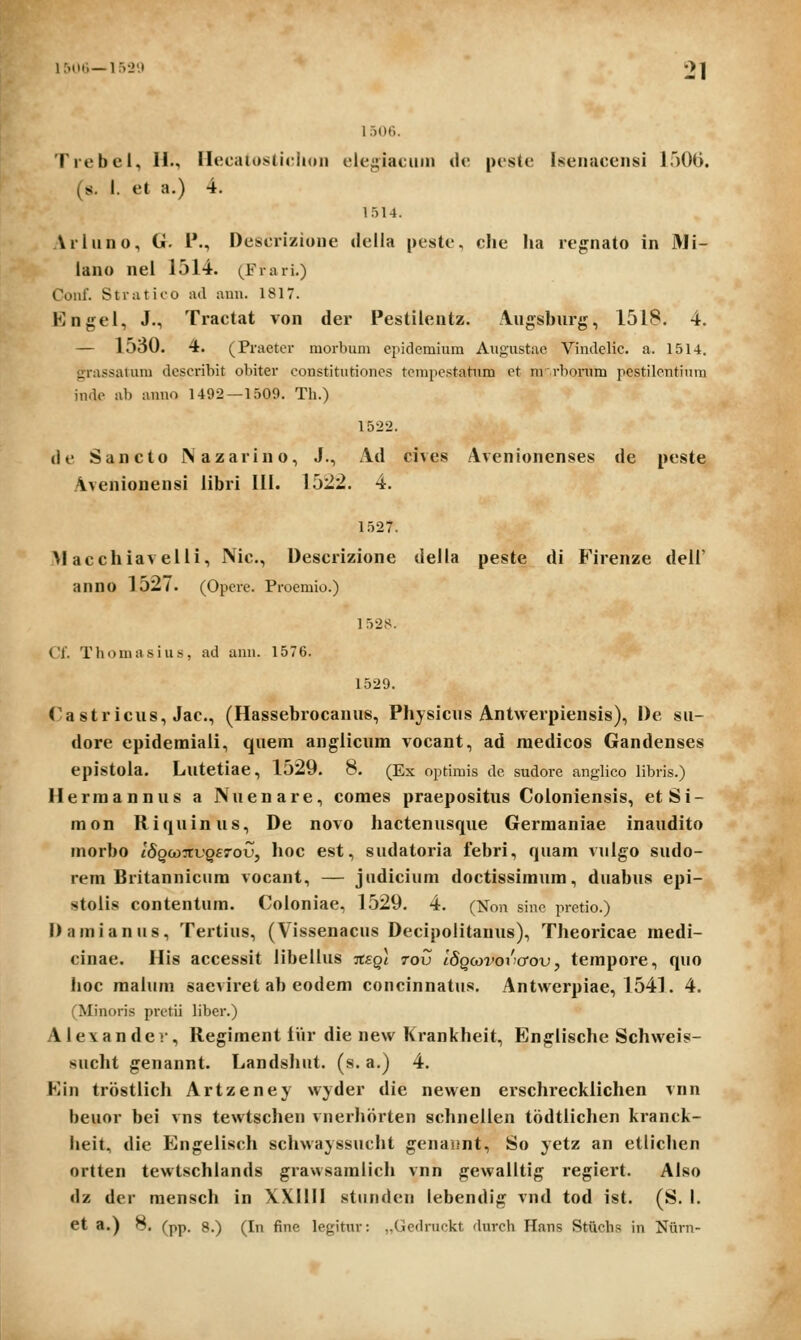 1506. Trebel, 11., llecatostiriion elegiacum de peste Isenacensi laOO. (s. I. et a.) 4. 1.514. .Vriiino, Cji. l*., Descrizione della peste, che ha regnato in i\li- lano nel 1514. (Frari,) Coiif. Stratico ail aiin. 1817. Engei, J., Tractat von der Pestilentz. Aiigsburg, 1518. 4. — 15o0. 4. (Praeter morbuin eiiidemium Augustae Vindclic. a. 1514. grassatum dcscribit obiter constitutioncs tomiiestatum et mrhomm pcstilcntiura inde ab anno 1492 — 1509. Th.) 1522. de Sancto Nazarino, J., Ad cives Avenionenses de peste Avenionensi libri III. 1522. 4. 1527. M acchiaveili, Nic, Descrizione della peste di Firenze dell' anno 1527. (Opere. Proemio.) 152S. Cf. Thomasius, ad ann. 1576. 1529. (^astricus, Jac, (Hassebrocanus, Physicus Antwerpiensis), De su- dore epidemiali, quem anglicum vocant, ad raedicos Gandenses epistola. Lutetiae, 1529. 8. (Ex optimis de sudore anglico libris.) Herraannus a Nuenare, coraes praepositus Coloniensis, etSi- mon Riquinus, De novo hactenusque Germaniae inaudito morbo iSqu^^^ivqstov, hoc est, sudatoria febri, quam vuigo sudo- rem Britannicum vocant, — judicium doctissimum, duabus epi- stolis contentum. Coioniae, 1529. 4. (Non sine pretio.) Damianus, Tertius, (Vissenacus Decipolitanus), Theoricae raedi- cinae. His accessit libellus jtegi tov iSQcovovaov, tempore, quo hoc malum saeviret ab eodem concinnatus. Antwerpiae, 1541. 4. (Minoris pretii liber.) Alexandev, Regiment iVir die new Krankheit, Englische Schweis- sucht genannt. Landsliut. (s. a.) 4. Ein trostlich Artzeney wyder die newen erschrecklichen vnn beuor bei vns tewtschen vnerhcirten schneilen todtlichen kranck- heit, die Engelisch schwayssucht genaimt, So yetz an etiichen ortten tewtschlands grawsamlich vnn gewalltig regiert. Also dz der mensch in XXIIII stnnden lebendig vnd tod ist. (S. I, et a.) 8. (pp. 8.) (In fine legitur: ..Gedinickt durch Hans Stiichs in Niirn-
