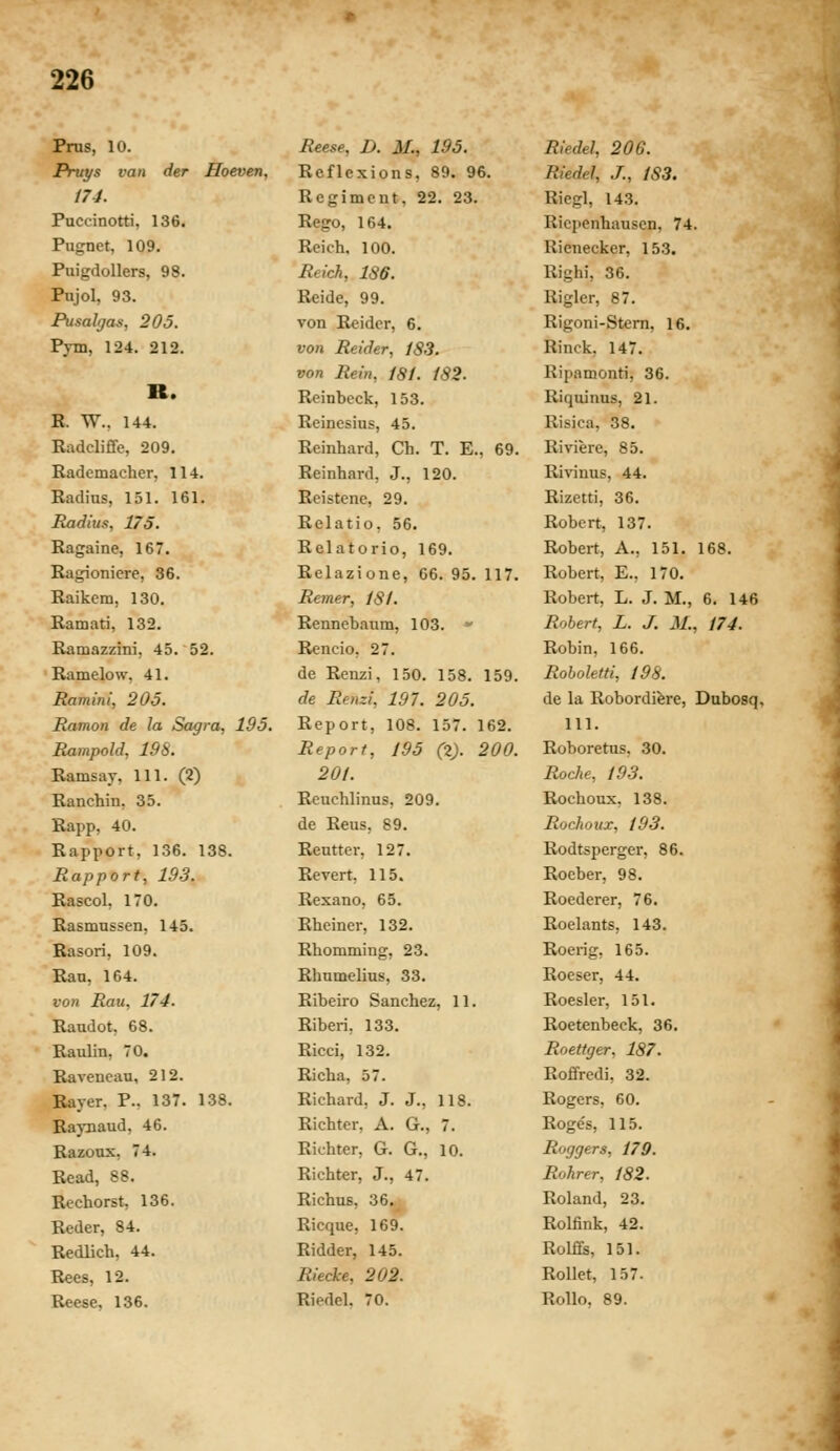 Prns, 10. JPrut/s van der Hoeven, t74. Puccinotti, 136. Pugnet, 109. Puigdollers, 98. Pujol, 93. Pusalijas, 205. Pym, 124. 212. R. R. W., 144. Radclififc, 209. Radcmacher, 114. Radius, 151. 161. Radius, 175. Ragaine, 167. Ragioniere, 36. Raikem, 130. Ramati, 132. Ramazzini, 45. 52. Ramelow, 41. Ramini, 205. Ramon de la Sagra, 195. Rampold, 198. Ramsay, 111. (2) Ranchin, 35. Rapp, 40. Rapport, 136. 138. Rapport, 19.3. Rascol, 170. Rasmussen, 145. Rasori, 109. Rau, 164. von Rau, 174. Raudot. 68. Raulin, 70. Raveneau, 212. Rayer, P., 137. 138. Raynaud, 46. Razoux, 74. Read, 88. Rechorst, 136. Reder, 84. Redlich, 44. Rees, 12. Reese, 136. Reese, D. M., 195. Rcflexions, 89. 96. Regiment, 22. 23. Rego, 164. Reich, 100. Reich, 186. Reide, 99. von Reider, 6. von Reider, 183. von Rein, 181. 182. Reinbcck, 153. Reincsius, 45. Reinhard, Ch. T. E., 69. Reinhard, J., 120. Reistene, 29. Relatio, 56. Relatorio, 169. Relazione, 66. 95. 117. Remer, i8l. Rennebaum, 103.  Rencio, 27. de Renzi, 150. 158. 159. de Renzi, 197. 205. Report, 108. 157. 162. Report, 195 (2). 200. 201. Reuchlinus, 209. de Reus, 89. Reutter, 127. Revert, 115. Rexano, 65. Rheiner, 132. Rhomming, 23. Rhumelius, 33. Ribeiro Sanchez, 11. Riberi, 133. Ricci, 132. Richa, 57. Richard, J. J., 118. Richter, A. G., 7. Richter, G. G., 10. Richter, J., 47. Richus, 36. Ricque, 169. Ridder, 145. Riecke, 202. Riedel. 70. Riedel, 206. Riedel, J., 183. Riegl, 143. Ricpenhausen, 74. Rienecker, 153. Righi, 36. Riglcr, 87. Rigoni-Stem, 16. Rinek, 147. Ripamonti, 36. Riquinus, 21. Risica, 38. Riviere, 85. Rivinus, 44. Rizetti, 36. Robcrt, 137. Robert, A., 151. 168. Robert, E., 170. Robert, L. J. M., 6. 146 Robert, L. J. M., i74. Robin, 166. Roholetti, i98. de la Robordi^re, Dubosq. 111. Roboretus, 30. Roche, i93. Rochoux, 138. Rochoitx, 193. Rodtsperger, 86. Rocber, 98. Roedcrer, 76. Roelants, 143. Roerig, 165. Roeser, 44. Roesler, 151. Roetenbeck, 36. Roettger, 187. Roffredi, 32. Rogers, 60. Roges, 115. Roggers, 179. Rohrer, 182. Roland, 23. Rolfink, 42. Rol£fs, 151. Rollet, 157. RoUo, 89.