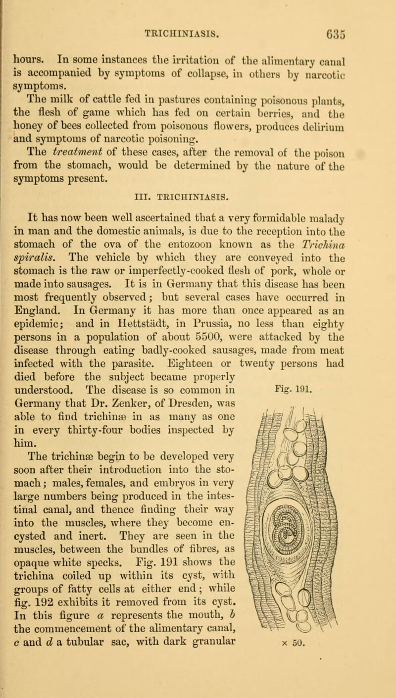 TRICIIINIASIS. G35 hours. In some instances the irritation of tho alimentary canal is accompanied by symptoms of collapse, in others by narcotic symptoms. The milk of cattle fed in pastures containing poisonous plants, the flesh of game which has fed on certain berries, and the honey of bees collected from poisonous flowers, produces delirium and symptoms of narcotic poisoning. The treatment of these cases, after the removal of the poison from the stomach, would be determined by the nature of the symptoms present. III. TEICHINIASIS. It has now been well ascertained that a very formidable malady in man and the domestic animals, is due to the reception into the stomach of the ova of the entozoon known as the Trichina spiralis. The vehicle by which they are conveyed into the stomach is the raw or imperfectly-cooked flesh of pork, whole or made into sausages. It is in Germany that this disease has been most frequently observed; but several cases have occurred in England. In Germany it has more than once appeared as an epidemic; and in Hettstadt, in Prussia, no less than eighty persons in a population of about 5500, were attacked by the disease through eating badly-cooked sausages, made from meat infected with the parasite. Eighteen or twenty persons had died before the subject became properly Germany that Dr. Zenker, of Dresden, was able to fiud trichinae in as many as one in every thirty-four bodies inspected by him. The trichinae begin to be developed very soon after their introduction into the sto- mach ; males, females, and embryos in very large numbers being produced in the intes- tinal canal, and thence finding their way into the muscles, where they become en- cysted and inert. They are seen in the muscles, between the bundles of fibres, as opaque white specks. Fig. 191 shows the trichina coiled up within its cyst, with groups of fatty cells at either end; while fig. 192 exhibits it removed from its cyst. In this figure a represents the mouth, b the commencement of the alimentary canal, c and d a tubular sac, with dark granular