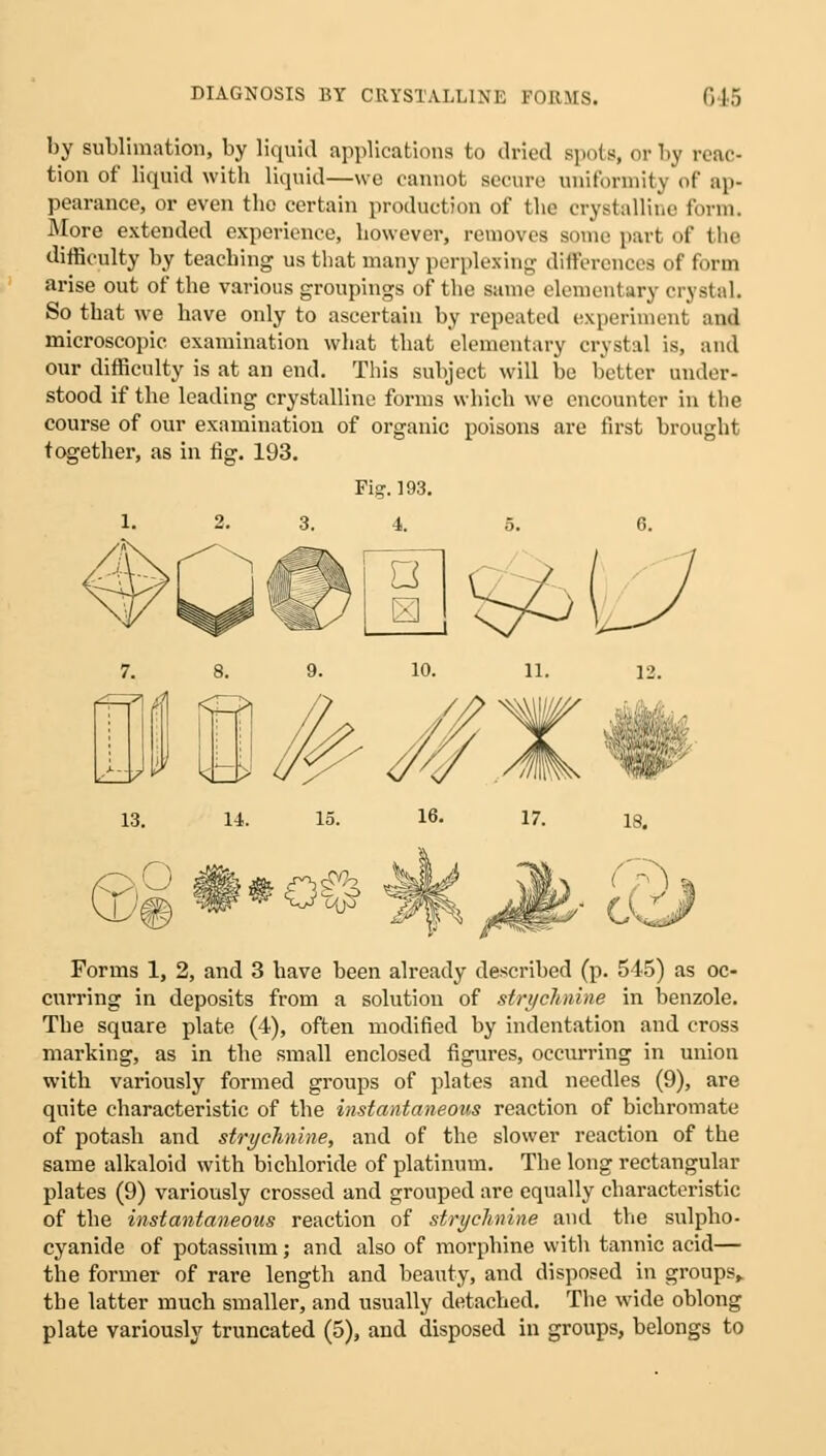 by sublimation, by liquid applications to dried spots, or by reac- tion of liquid with liquid—we cannot secure uniformity of ap- pearance, or even the certain production of the crystalline form. More extended experience, however, removes some part of the difficulty by teaching us tliat many perplexing differences of form arise out of the various groupings of the same elementary crystal. So that we have only to ascertain by repeated experiment and microscopic examination what that elementary crystal is, and our difficulty is at an end. This subject will be better under- stood if the leading crystalline forms which we encounter in the course of our examination of organic poisons are first brought together, as in fig. 193. Fig. 193. Forms 1, 2, and 3 have been already described (p. 545) as oc- curring in deposits from a solution of strychnine in benzole. The square plate (4), often modified by indentation and cross marking, as in the small enclosed figures, occurring in union with variously formed groups of plates and needles (9), are quite characteristic of the instantaneous reaction of bichromate of potash and strychnine, and of the slower reaction of the same alkaloid with bichloride of platinum. The long rectangular plates (9) variously crossed and grouped are equally characteristic of the instantaneous reaction of strychnine and the sulpho- cyanide of potassium; and also of morphine with tannic acid— the former of rare length and beauty, and disposed in groups, the latter much smaller, and usually detached. The wide oblong plate variously truncated (5), and disposed in groups, belongs to