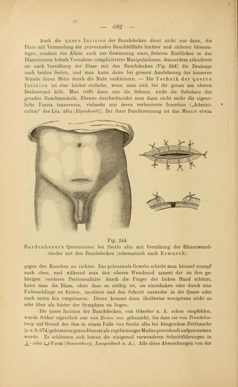 Auch die quere Incision der Bauchdecken dient nicht nur dazu, die Blase mit Vermeidung der prävesicalen Bauchfellfalte leichter und sicherer blosszu- legen, sondern vor Allem auch zur Gewinnung eines freieren Einblickes in das Blaseninnere behufs Vornahme complicirterer Manipulationen. Ausserdem erleichtert sie nach Vernähung der Blase mit den Bauchdocken (Fig. 244) die Drainage nach beiden Seiten, und man kann dann bei grosser Ausdehnung der äusseren Wunde deren Mitte durch die Naht verkleinern. — Die Technik der queren Incision ist eine höchst einfache, wenn man sich bei ihr genau am oberen Beckenrand hält. Man trifft dann nur die Sehnen, nicht die Substanz der. gci'aden Bauchmuskeln. Ebenso durchschneidet man dann nicht mehr die eigent- liche Fascia transversa, vielmehr nur deren verbreiterte Insertion („Admini- culum der Lin. alba [Eigenbrorlt]). Bei ihrer Durchtrennung ist das Messer etwas Fig. 244. Bardenheuer's Querincision bei Sectio alta mit Vernähung der Blasenwund- ränder mit den Bauchdecken (schematisch nach Esmarch). gegen den Knochen zu richten. Das prävesicale Gewebe schiebt man hierauf stumpf nach oben, und während man den oberen Wundrand sammt der zu ihm ge- hörigen vorderen Peritonealfalte durch die Finger der linken Hand schützt, kann man die Blase, ohne dass es nöthig ist, sie einzuhaken oder durch eine Fadenschlinge zu fixircn, incidiren und den Schnitt entweder in die Quere oder nach unten hin vergrössern. Dieser kommt dann theilweise wenigstens nicht so sehr über als hinter der Symphyse zu liegen. Die quere Incision der Bauchdecken, von Günther u. A. schon empfohlen, wurde früher eigentlich nur von Bruns sen. gebraucht, bis dass sie von Trendelen- hiirg auf Grund der ihm in einem Falle von Sectio alta bei hängendem Fettbauche (s. 0. S. 674) geleisteten guten Dienste als regelmässiger Modus procedendi aufgenommen wurde. Es schliessen sich hieran die einigemal verwendeten Schnittführungen in JL- oder LJ-Form {Sonnenburg, Langenhuch u. A.). Alle diese Abweichungen von der