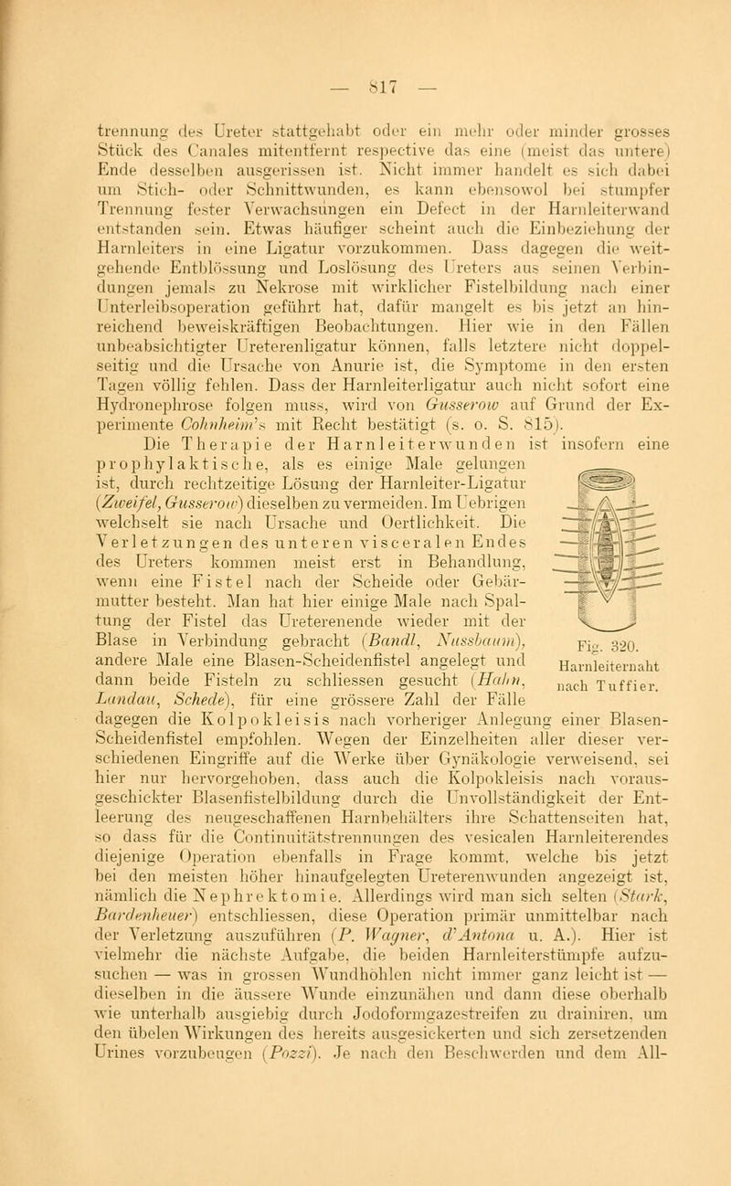 trennung des Ureter stattgehabt oder ein mehr oder minder grosses Stück des Canales mitentfernt respective das eine (meist das untere) Ende desselben ausgerissen ist. Nicht immer handelt es sich dabei um Stich- oder Schnittwunden, es kann ebensowol bei stumpfer Trennung fester Verwachsungen ein Defect in der Harnleiterwand entstanden sein. Etwas häufiger scheint auch die Einbeziehung der Harnleiters in eine Ligatur vorzukommen. Dass dagegen die weit- gehende Entblüssung und Loslösung des Lreters aus seinen Verbin- dungen jemals zu Nekrose mit wirklicher Fistelbildung nach einer Unterleibsoperation geführt hat, dafür mangelt es bis jetzt an hin- reichend beweiskräftigen Beobachtungen. Hier wie in den Fällen unbeabsichtigter Ureterenligatur können, falls letztere nicht doppel- seitig und die Ursache von Anurie ist, die Symptome in den ersten Tagen völlio; fehlen. Dass der Harnleiterlisatur auch nicht sofort eine Hydronephrose folgen muss, wird von Gusserow auf Grund der Ex- perimente Cohuhfilm^^ mit Recht bestätigt (s. o. S. 815). Die Therapie der Harnleiterwunden ist insofern eine prophylaktische, als es einige Male gelungen ist, durch rechtzeitige Lösmig der Harnleiter-Ligatur {Zweifel, Gusserow) dieselben zu vermeiden. Im Uebrigen w^elchselt sie nach Ursache und Oertlichkeit. Die Verletzungen des u n t e r e n v i s c e r a 1 e n Endes des Ureters kommen meist erst in Behandlung, wenn eine Fistel nach der Scheide oder Gebär- mutter besteht. Man hat hier einige Male nach Spal- tung der Fistel das Ureterenende wieder mit der Blase in Verbindung gebracht (Bandl, Nasshaum), pj,,, 320. andere Male eine Blasen-Scheidenfistel angelegt und Harnleiternaht dann beide Fisteln zu schliessen gesucht (Ha/m, ^^^^-^ Tuffier. Landau, Schede), für eine grössere Zahl der Fälle dagegen die Kolpokleisis nach vorheriger Anlegung einer Blasen- Scheidenfistel empfohlen. Wegen der Einzelheiten aller dieser ver- schiedenen Eingriffe auf die Werke über Gynäkologie verweisend, sei hier nur hervorgehoben, dass auch die Kolpokleisis nach voraus- geschickter Blasenfistelbildung durch die Unvollständigkeit der Ent- leerung des neugeschaffenen Harnbehälters ihre Schattenseiten hat, so dass für die Continuitätstrennungen des vesicalen Harnleiterendes diejenige Operation ebenfalls in Frage kommt, welche bis jetzt bei den mei.sten höher hinaufgelegten Ureterenwunden angezeigt ist, nämlich die Nephrektomie. Allerdings wnrd man sich selten (Stark, Bardenheuer) entschliessen, diese Operation primär unmittelbar nach der Verletzung auszuführen (P. Wagner, d'Antona u. A.). Hier ist vielmehr die nächste Aufgabe, die beiden Harnleiterstümpfe aufzu- suchen — was in grossen Wundhöhlen nicht immer ganz leicht ist — dieselben in die äussere Wunde einzunähen und dann diese oberhalb W'ie unterhalb ausgiebiü; durch Jodoformsazestreifen zu drainiren. um den übelen Wirkungen des bereits ausgesickerten und sich zersetzenden Urines vorzubeugen [Pozzi). Je nach den Beschwerden und dem All-