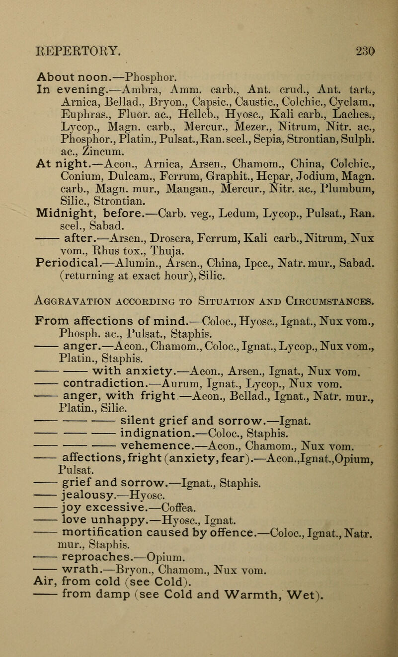 About noon.—Phosphor. In evening.—Anibra, Amm. carb., Ant. cruel., Ant. tart., Arnica, Bellad., Bryon., Capsic, Caustic,-Colchic, Cyclam., Euphras., Fluor, ac, Helleb., H}7osc, Kali carb., Laches., Lycop., Magn. carb., Mercur., Mezer., Nitrum, Nitr. ac, Phosphor., Platin., Pulsat, Ran. seel., Sepia, Strontian, Sulph. ac, Zincum. At night.—Aeon., Arnica, Arsen., Chamom., China, Colonic, Conium, Dulcam., Ferrum, Graphit., Hepar, Jodium, Magn. carb., Magn. mur., Mangan., Mercur., Nitr. ac, Plumbum, Silic, Strontian. Midnight, before.—Carb. veg., Ledum, Lycop., Pulsat, Ran. seel., Sabad. after.—Arsen., Drosera, Ferrum, Kali carb., Nitrum, Nux vom., Rhus tox., Thuja. Periodical.—Alumin., Arsen., China, Ipec, Natr. mur., Sabad. (returning at exact hour), Silic Aggravation according to Situation and Circumstances. From affections of mind.—Coloc, Hyosc, Ignat., Nux vom., Phosph. ac, Pulsat., Staphis. anger.—Aeon., Chamom., Coloc, Ignat., Lycop., Nux vom., Platin., Staphis. with anxiety.—Aeon., Arsen., Ignat., Nux vom. contradiction.—Aurum, Ignat., Lycop., Nux vom. anger, with fright.—Aeon., Bellad., Ignat., Natr. mur., Platin., Silic. silent grief and sorrow.—Ignat. indignation.—Coloc, Staphis. vehemence.—Aeon., Chamom., Nux vom. affections, fright (anxiety, fear).—Acon.,Ignat.,Opium, Pulsat, grief and sorrow.—Ignat., Staphis. jealousy.—Hyosc. joy excessive.—Coffea. love unhappy.—Hyosc, Ignat. mortification caused by offence.—Coloc, Ignat., Natr. mur., Staphis. reproaches.—Opium. wrath.—Bryon., Chamom., Nux vom. Air, from cold (see Cold). from damp (see Cold and Warmth, Wet).