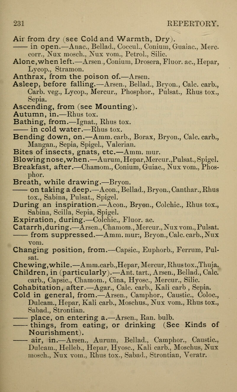 Air from dry (see Cold and Warmth, Dry). in open.—Auac, Bellad., Coceul., Conium, Guaiac, Merc corr., Nux mosch., Nux vom., Petrol., Silic. Alone,'when left.—Arsen., Conium, Drosera, Fluor, ac, Hepar, Lycop., Stramon. Anthrax, from the poison of.—Arsen. Asleep, before falling.—Arsen., Bellad., Biyon., Calc. carb., Carb. veg., Lycop., Mercur., Phosphor., Pulsat., Rhus tox., Sepia. Ascending, from (see Mounting). Autumn, in.—Rhus tox. Bathing, from.—Ignat., Rhus tox. in cold water.—Rhus tox. Bending down, on.—Arum, carb., Borax, Bryon., Calc. carb., Mangan., Sepia, Spigel., Valerian. Bites of insects, gnats, etc.—Amm. mur. Blowing nose, when.—Aurum, Hepar,Mercur.,Pulsat, Spigel. Breakfast, after.—Chamom., Conium, Guiac, Nux vom., Phos- phor. Breath, while drawing.—Bryon. on taking a deep.—Aeon., Bellad., Bryon., Canthar., Rhus tox., Sabina, Pulsat., Spigel. During an inspiration.—Aeon., Bryon., Col chic, Rhus tox., Sabina, Scilla, Sepia, Spigel. Expiration, during.—Colchic, Fluor, ac. Catarrh,during.—Arsen. ,ChamomM Mercur., Nux vom., Pulsat. from suppressed.—Amm. mur:, Bryon., Calc carb., Nux vom. Changing position, from.—Capsic, Euphorb., Ferrum, Pul- sat. Che wing, while.—Amm.carb.,Hepar, Mercur, Rhustox.,Thuja. Children, in (particularly).—Ant. tart., Arsen., Bellad., Calc. carb., Capsic, Chamom., Cina, Hyosc, Mercur., Silic. Cohabitation, after.—Agar., Calc carb., Kali carb , Sepia. Cold in general, from.—Arsen., Camphor., Caustic, Coloc, Dulcam., Hepar, Kali carb., Moschus., Nux vom., Rhus tox., Sabad., Strontian. place, on entering a.—Arsen., Ran. bulb. things, from eating, or drinking (See Kinds of Nourishment). air, in.—Arsen., Aurum, Bellad., Camphor., Caustic, Dulcam., Helleb., Hepar, Hyosc, Kali carb., Moschus, Nux mosch., Nux vom., Rhus tox., Sabad., Strontiau, Veratr.