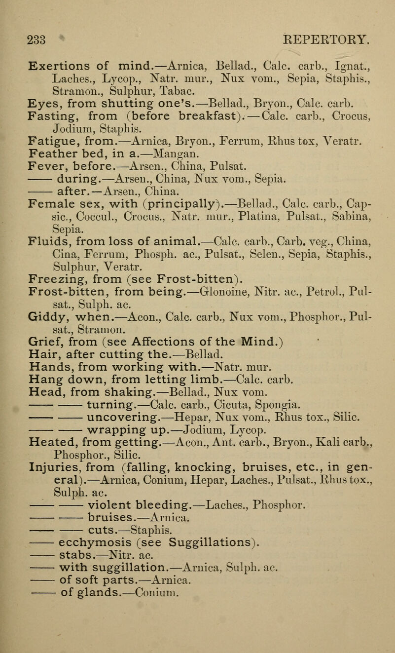 Exertions of mind.—Arnica, Bellad., Calc. carb., Ignat., Laches., Lycop., Natr. mur., Nux vom., Sepia, Staphis., Stramon., Sulphur, Tabac Eyes, from shutting one's.—Bellad., Bryon., Calc. carb. Fasting, from (before breakfast). — Calc. carb., Crocus, Jodium, Staphis. Fatigue, from.—Arnica, Bryon., Ferrum, Rhus tox, Veratr. Feather bed, in a.—Mangan. Fever, before.—Arsen., China, Pulsat. during.—Arsen., China, Nux vom., Sepia. after.—Arsen., China. Female sex, with (principally).—Bellad., Calc. carb., Cap- sic, Coccul., Crocus., Natr. mur., Platina, Pulsat., Sabina, Sepia. Fluids, from loss of animal.—Calc. carb., Carb. veg., China, Cina, Ferrum, Phosph. ac, Pulsat., Selen., Sepia, Staphis., Sulphur, Veratr. Freezing, from (see Frost-bitten). Frost-bitten, from being.—Glonoine, Nitr. ac, Petrol., Pul- sat., Sulph. ac. Giddy, when.—Aeon., Calc. carb., Nux vom., Phosphor., Pul- sat., Stramon. Grief, from (see Affections of the Mind.) Hair, after cutting the.—Bellad. Hands, from working with.—Natr. mur. Hang down, from letting limb.—Calc. carb. Head, from shaking.—Bellad., Nux vom. turning.—Calc. carb., Cicuta, Spongia. uncovering.—Hepar, Nux vom., Rhus tox., Silic. wrapping up.—Jodium, Lycop. Heated, from getting.—Aeon., Ant. carb., Bryon., Kali carb., Phosphor., Silic. Injuries, from (falling, knocking, bruises, etc., in gen- eral).—Arnica, Conium, Hepar, Laches., Pulsat., Rhus tox., Sulph. ac. —: violent bleeding.—Laches., Phosphor. bruises.—Arnica. cuts.—Staphis. ecchymosis (see Suggillations). stabs.—Nitr. ac. with suggillation.—Arnica, Suljm. ac. of soft parts.—Arnica. of glands.—Conium.