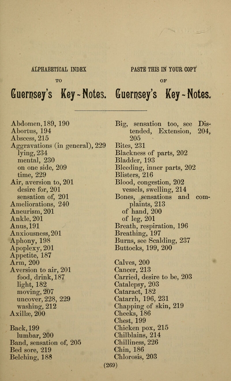 ALPHABETICAL INDEX TO PASTE THIS IN YOUR COPY OF Guernsey's Key-Notes. Guernsey's Key-Notes. Abdomen, 189, 190 Big, sensation too, see Dis- Abortus, 194 tended, Extension, 204, Abscess, 215 205 Aggravations (in general), 229 Bites, 231 lying, 234 Blackness of parts, 202 mental, 230 Bladder, 193 on one side, 209 Bleeding, inner parts, 202 time, 229 Blisters, 216 Air, aversion to, 201 Blood, congestion, 202 desire for, 201 vessels, swelling, 214 sensation of, 201 Bones, sensations and com- Ameliorations, 240 plaints, 213 Aneurism, 201 of hand, 200 Ankle, 201 of leg, 201 Anus, 191 Breath, respiration, 196 Anxiousness, 201 Breathing, 197 Aphony, 198 Burns, see Scalding, 237 Apoplexy, 201 Buttocks, 199, 200 Appetite, 187 Arm, 200 Calves, 200 Aversion to air, 201 Cancer, 213 food, drink, 187 Carried, desire to be, 203 light, 182 Catalepsy, 203 moving, 207 Cataract, 182 uncover, 228, 229 Catarrh, 196, 231 washing, 212 Chapping of skin, 219 Axillae, 200 Cheeks, 186 Chest, 199 Back, 199 Chicken pox, 215 lumbar, 200 Chilblains, 214 Band, sensation of, 205 Chilliness, 226 Bed sore, 219 Chin, 186 Belching, 188 Chlorosis, 203