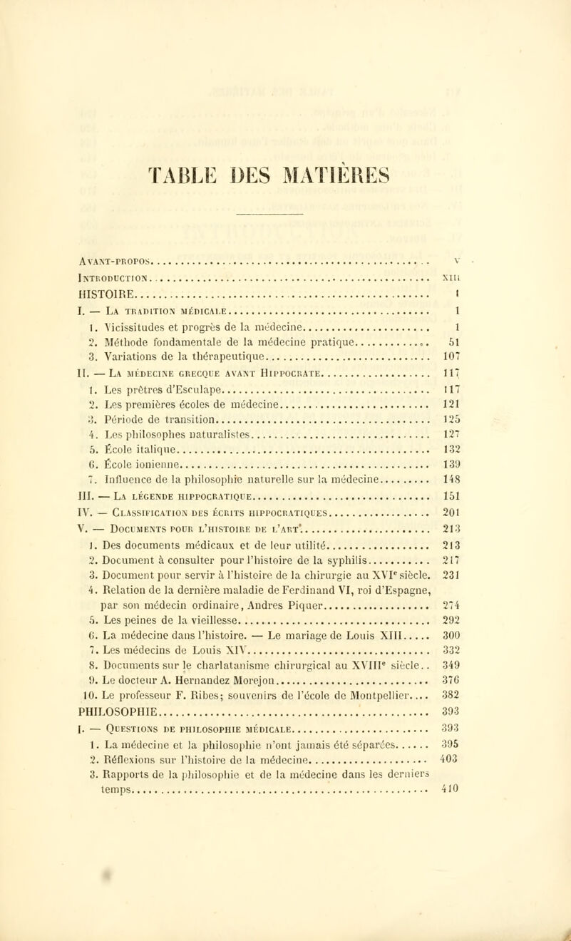 TABLE DES MATIERES Avant-propos .. v Introduction xin HISTOIRE I I. — La tradition médicale 1 1. Vicissitudes et progrès de la médecine 1 2. Méthode fondamentale de la médecine pratique 0. 61 3. Variations de la thérapeutique 107 II. — La médecine grecque avant Hippocrate 117 1. Les prêtres d'Esculape 117 2. Les premières écoles de médecine 121 3. Période de transition 125 4. Les philosophes naturalistes 127 5. École italique 132 G. École ionienne 139 7. Influence de la philosophie naturelle sur la médecine 148 III. — La légende hippocratique 151 IV. — Classification des écrits hippocratiques 201 V. — Documents pour l'histoire de l'art*. 213 1. Des documents médicaux et de leur utilité 213 2. Document à consulter pour l'histoire de la syphilis 217 3. Document pour servir à l'histoire de la chirurgie au XVIe siècle. 231 4. Relation de la dernière maladie de Ferdinand VI, roi d'Espagne, par son médecin ordinaire, Andres Piquer 274 6. Les peines de la vieillesse 292 G. La médecine dans l'histoire. — Le mariage de Louis XIII 300 7. Les médecins de Louis XIV 332 8. Documents sur le charlatanisme chirurgical au XVIIIe siècle.. 349 9. Le docteur A. Hernandez Morejon 376 10. Le professeur F. Ribes; souvenirs de l'école de Montpellier.... 382 PHILOSOPHIE 393 |. — Questions de philosophie médicale 393 1. La médecine et la philosophie n'ont jamais été séparées 395 2. Réflexions sur l'histoire de la médecine 403 3. Rapports de la philosophie et de la médecine dans les derniers temps 410