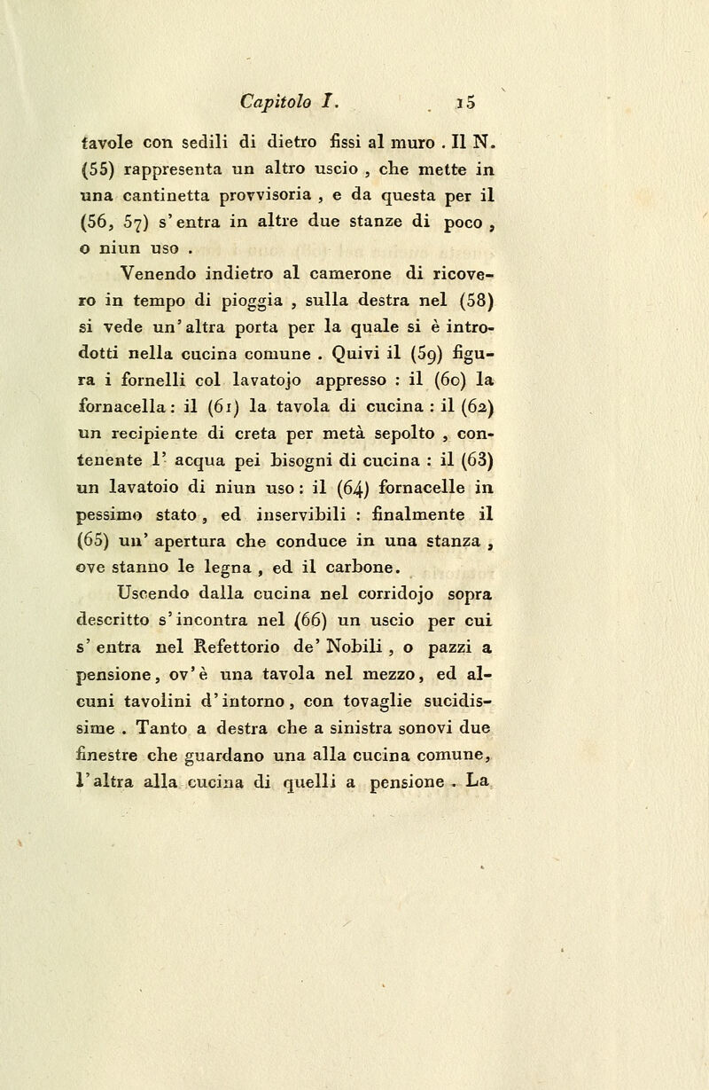 favole con sedili di dietro fissi al muro .UN. (55) rappresenta un altro uscio , che mette in una cantinetta provvisoria , e da questa per il (56, 57) s'entra in altre due stanze di poco , o niun uso . Venendo indietro al camerone di ricove- ro in tempo di pioggia , sulla destra nel (58) si vede un'altra porta per la quale si è intro- dotti nella cucina comune . Quivi il (59) figu- ra i fornelli col lavatojo appresso : il (60) la fornacella : il (61) la tavola di cucina: il (62) un recipiente di creta per metà sepolto , con- tenente 1; acqua pei bisogni di cucina : il (63) un lavatoio di niun uso : il (64) fornacelle in pessimo stato, ed inservibili : finalmente il (65) un' apertura che conduce in una stanza , ove stanno le legna , ed il carbone. Uscendo dalla cucina nel corridojo sopra descritto s'incontra nel (66) un uscio per cui s' entra nel Refettorio de' Nobili , o pazzi a pensione, ov'è una tavola nel mezzo, ed al- cuni tavolini d'intorno, con tovaglie sucidis- sime . Tanto a destra che a sinistra sonovi due finestre che guardano una alla cucina comune, l'altra alla cucina di quelli a pensione. La