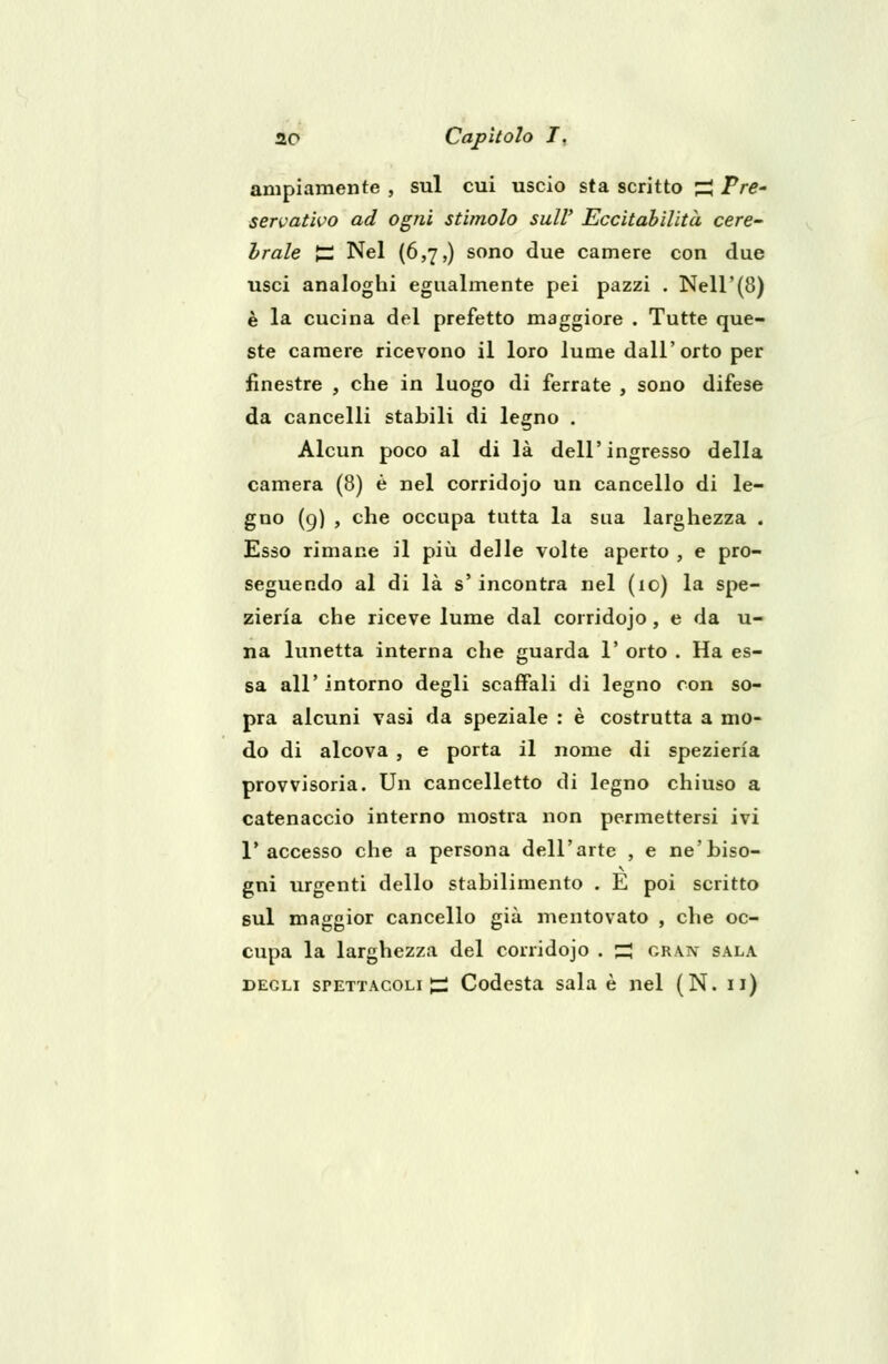 ampiamente , sul cui uscio sta scritto ^ Fre- serà at'wo ad ogni stimolo sulV Eccitabilità cere- brale ti Nel (6,7,) sono due camere con due usci analoghi egualmente pei pazzi . Neil'(8) è la cucina del prefetto maggiore . Tutte que- ste camere ricevono il loro lume dall'orto per finestre , che in luogo di ferrate , sono difese da cancelli stabili di legno . Alcun poco al di là dell'ingresso della camera (8) è nel corridojo un cancello di le- gno (9) , che occupa tutta la sua larghezza . Esso rimane il più delle volte aperto , e pro- seguendo al di là s'incontra nel (io) la spe- zieria che riceve lume dal corridojo, e da u- na lunetta interna che guarda 1' orto . Ha es- sa all' intorno degli scaffali di legno con so- pra alcuni vasi da speziale : è costrutta a mo- do di alcova , e porta il nome di spezieria provvisoria. Un cancelletto di legno chiuso a catenaccio interno mostra non permettersi ivi l'accesso che a persona dell'arte , e ne'biso- gni urgenti dello stabilimento . E poi scritto sul maggior cancello già mentovato , che oc- cupa la larghezza del corridojo . jrj cra.iv sala