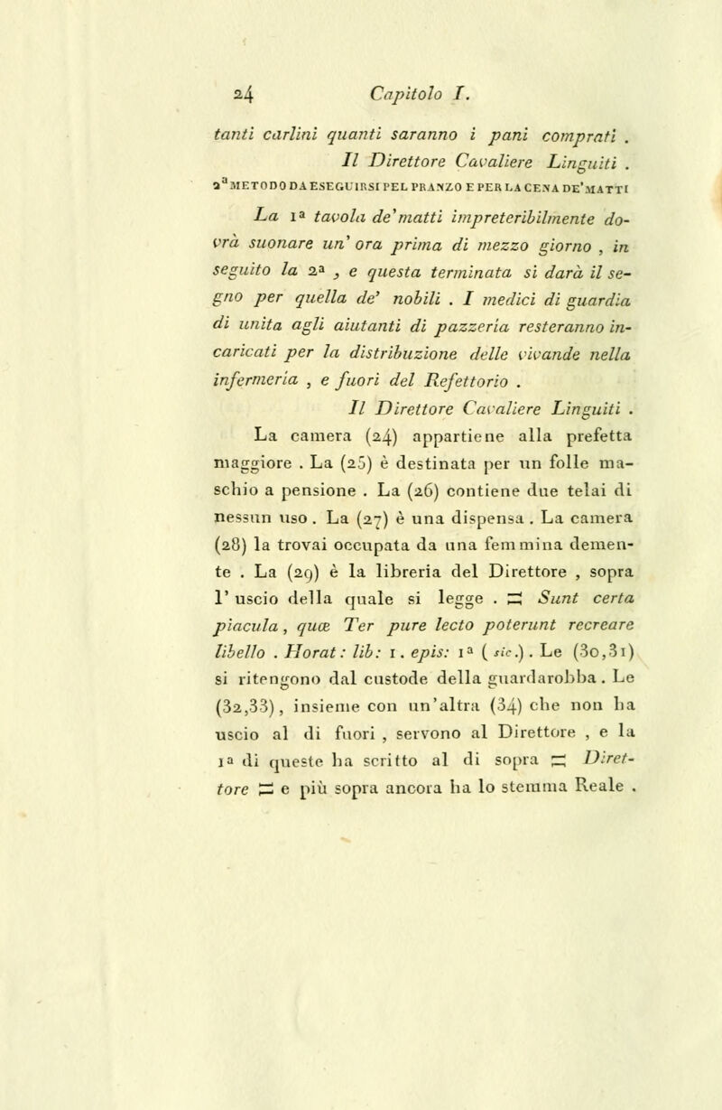 tanti carlini quanti saranno i pani comprati Il Direttore Cavaliere Lingaiti . OaMET0D0 DA ESEGUIRSI PEL PRANZO E PER LA CE.N A De'matTI La ia tavola de'matti impreteribilmente do- vrà suonare un ora prima di mezzo giorno , in seguito la aa 9 e questa terminata si darà il se- gno per quella de' nobili . I medici di guardia di unita agli aiutanti di pazzeria resteranno in- caricati per la distribuzione delle vivande nella infermeria , e fuori del Refettorio . Il Direttore Cavaliere Linguiti . La camera (24) appartiene alla prefetta maggiore . La (s5) è destinata per un folle ma- schio a pensione . La (26) contiene due telai di nessun uso. La (27) è una dispensa . La camera (28) la trovai occupata da una femmina demen- te . La (29) è la libreria del Direttore , sopra 1' uscio della quale si legge . ^ Sunt certa piacula, quce Ter pure ledo poterunt recreare libello . Horat: lib: 1. epis: ia ( «è.). Le (3o,3i) si ritengono dal custode della guardarohba. Le (32,33), insieme con un'altra (34) che non ha uscio al di fuori , servono al Direttore , e la ia di queste ha scritto al di sopra jz! Diret- tore £ e più sopra ancora ha lo stemma Reale .