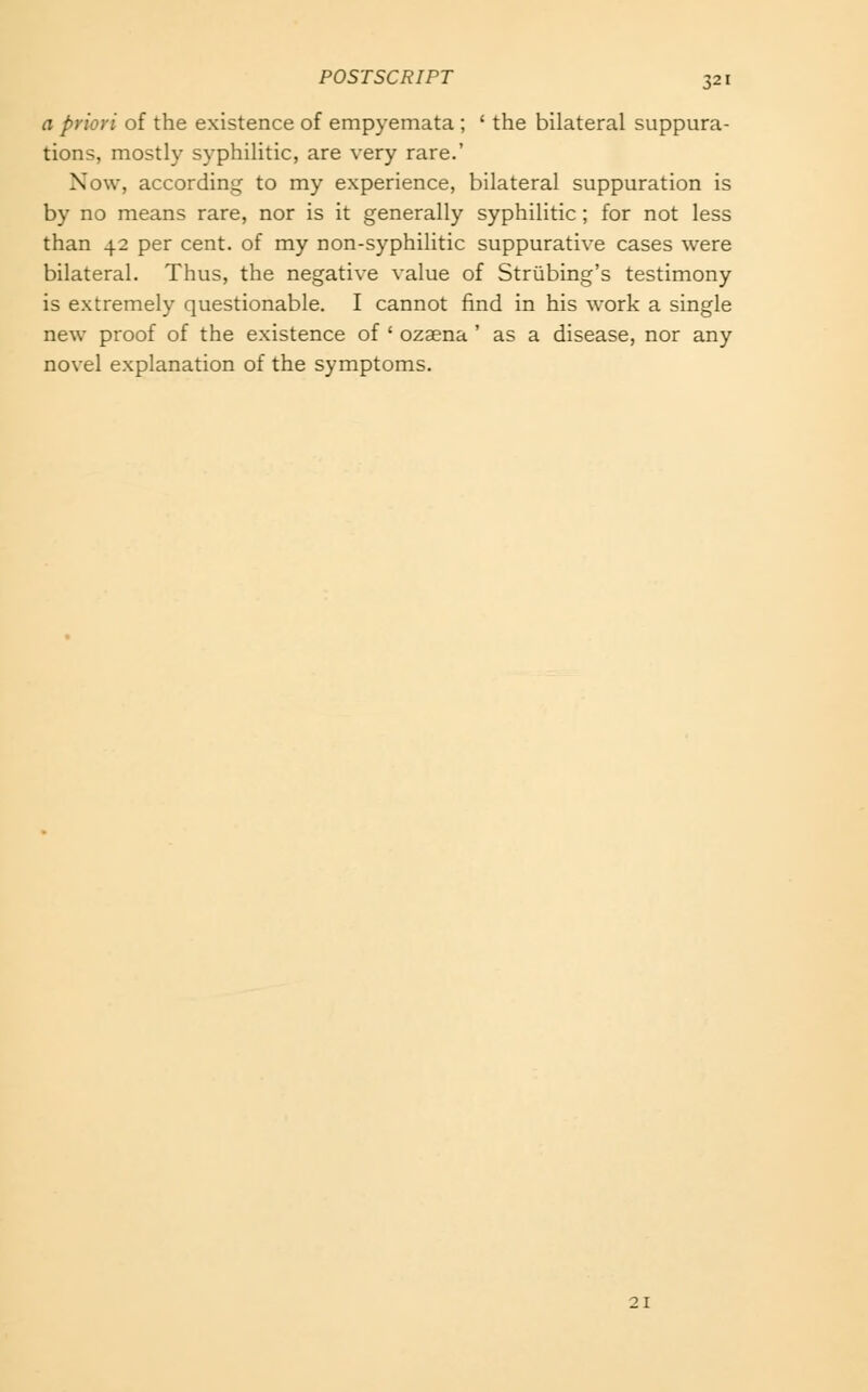 a priori of the existence of empyemata ; ' the bilateral suppura- tions, mostly syphilitic, are very rare.' Now, according to my experience, bilateral suppuration is by no means rare, nor is it generally syphilitic ; for not less than 42 per cent, of my non-syphilitic suppurative cases were bilateral. Thus, the negative value of Striibing's testimony is extremely questionable. I cannot find in his work a single new proof of the existence of ' ozaena ' as a disease, nor any novel explanation of the symptoms. 21