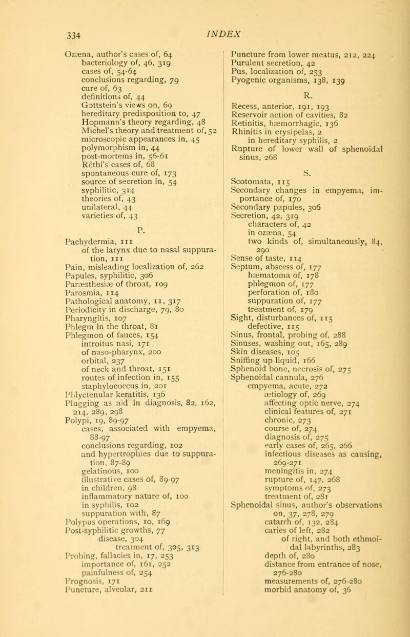 Ozcena, author's cases of, 64 bacteriology of, 46, 319 cases of, 54-64 conclusions regarding, 79 cure of, 63 definitions of, 44 Gottstein's views on, 69 hereditary predispositioQ to, 47 Hopmann's theory regarding, 48 Michel's theory and treatment of, 52 microscopic appearances in, 45 polymorphism in, 44 post-mortems in, 56-61 R6thi's cases of, 68 spontaneous cure of, 173 source of secretion in, 54 syphilitic, 314 theories of, 43 unilateral, 44 varieties of, 43 P. Pachydermia, in of the larynx due to nasal suppura- tion, III Pain, misleading localization of, 262 Papules, syphilitic, 306 Parassthesice of throat, 109 Parosmia, 114 Pathological anatomy, 11, 317 Periodicity in discharge, 79, 80 Pharyngitis, 107 Phlegm In the throat, 81 Phlegmon of fauces, 154 introitus nasi, 171 of naso-pharynx, 200 orbital, 237 of neck and throat, 151 routes of infection in, 155 staphylococcus in, 2ot I'l.lyctenular keratitis, 136 Plugging as aid in diagnosis, 82, 162, 214, 289, 298 Polypi, 19, 89-97 cases, associated with empyema, 88-97 conclusions regarding, 102 and hypertrophies due to suppura- tion, 87-89 gelatinous, 100 illustrative cases of, 89-97 in children, 98 inflammatory nature of, 100 in syphilis, 102 suppuration with, 87 Polypus operations, 10, 169 Post-syphilitic growths, 77 disease, 304 treatment of, 305, 313 Probing, fallacies in, 17, 253 importance of, 161, 252 painfulness of, 254 I'rognosis, 171 Puncture, alveolar, 211 Puncture from lower meatus, 212, 224 Purulent secretion, 42 Pus, localization of, 253 Pyogenic organisms, 138, 139 R. Recess, anterior, 191, 193 Reservoir action of cavities, 82 Retinitis, iui^morrhagic, 136 Rhinitis in erysipelas, 2 in hereditary syphilis, 2 Rupture of lower wall of sphenoidal sinus, 268 Scotomata, 115 Secondary changes in empyema, im- portance of, 170 Secondary papules, 306 Secretion, 42, 319 characters of, 42 in ozwna, 54 two kinds of, simultaneously, 84, 290 Sense of taste, 114 Septum, abscess of, 177 hnsmatoma of, 178 phlegmon of, 177 perforation of, 180 suppuration of, 177 treatment of, 179 Sight, disturbances of, 115 defective, 115 Sinus, frontal, probing of, 288 Sinuses, washing out, 165, 289 Skin diseases, T05 Sniffing up liquid, 166 Sphenoid bone, necrosis of, 275 Sphenoidal cannula, 276 empyema, acute, 272 Ktiology of, 269 affecting optic nerve, 274 clinical features of, 271 chronic, 273 course of, 274 diagnosis of, 275 early cases of, 265, 266 infectious diseases as causing, 269-271 meningitis in, 274 rupture of, 147, 268 symptoms nf, 273 tre:itment of, 281 Sphenoidal sinus, author's observations on, 37, 278, 279 catarrh of, 132, 284 caries of left, 282 of right, and both ethmoi- dal labyrinths, 283 depth of, 280 distance from entrance of nose, 276-280 measurements of, 276-280 morbid anatomy of, 36