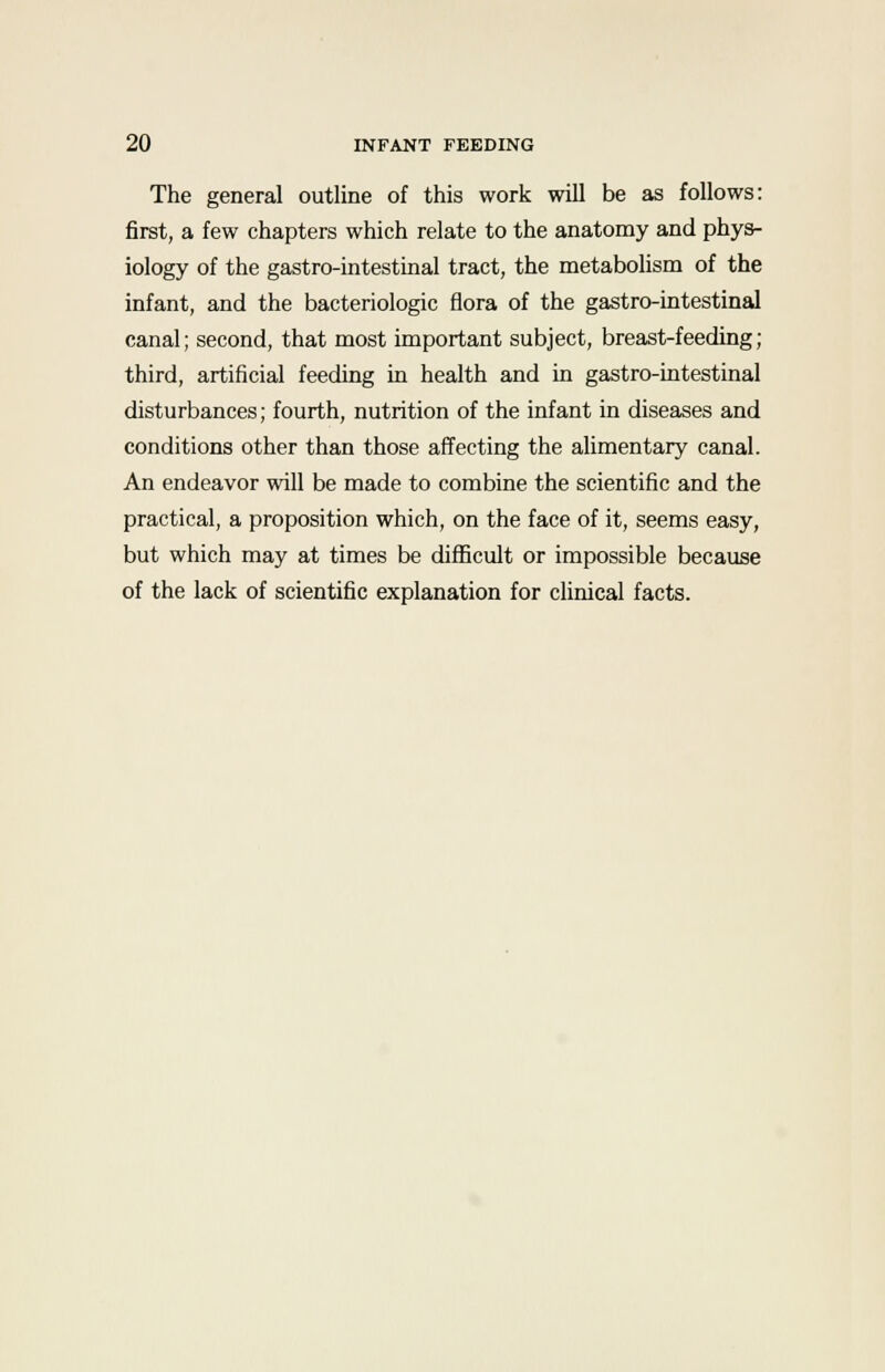 The general outline of this work will be as follows: first, a few chapters which relate to the anatomy and phys- iology of the gastro-intestinal tract, the metabolism of the infant, and the bacteriologic flora of the gastro-intestinal canal; second, that most important subject, breast-feeding; third, artificial feeding in health and in gastro-intestinal disturbances; fourth, nutrition of the infant in diseases and conditions other than those affecting the alimentary canal. An endeavor will be made to combine the scientific and the practical, a proposition which, on the face of it, seems easy, but which may at times be difficult or impossible because of the lack of scientific explanation for clinical facts.