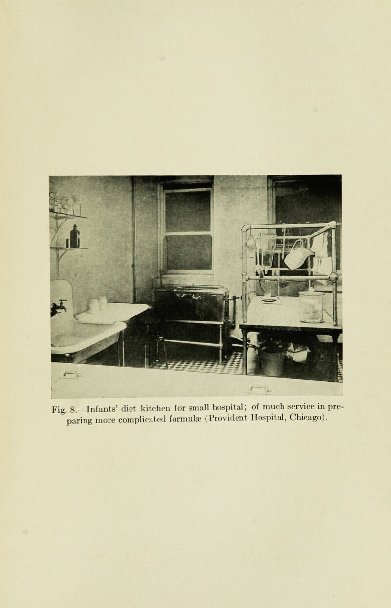 Fig. 8—Infants' diet kitchen for small hospital; of much service in pre- paring more complicated formulae (Provident Hospital, Chicago).