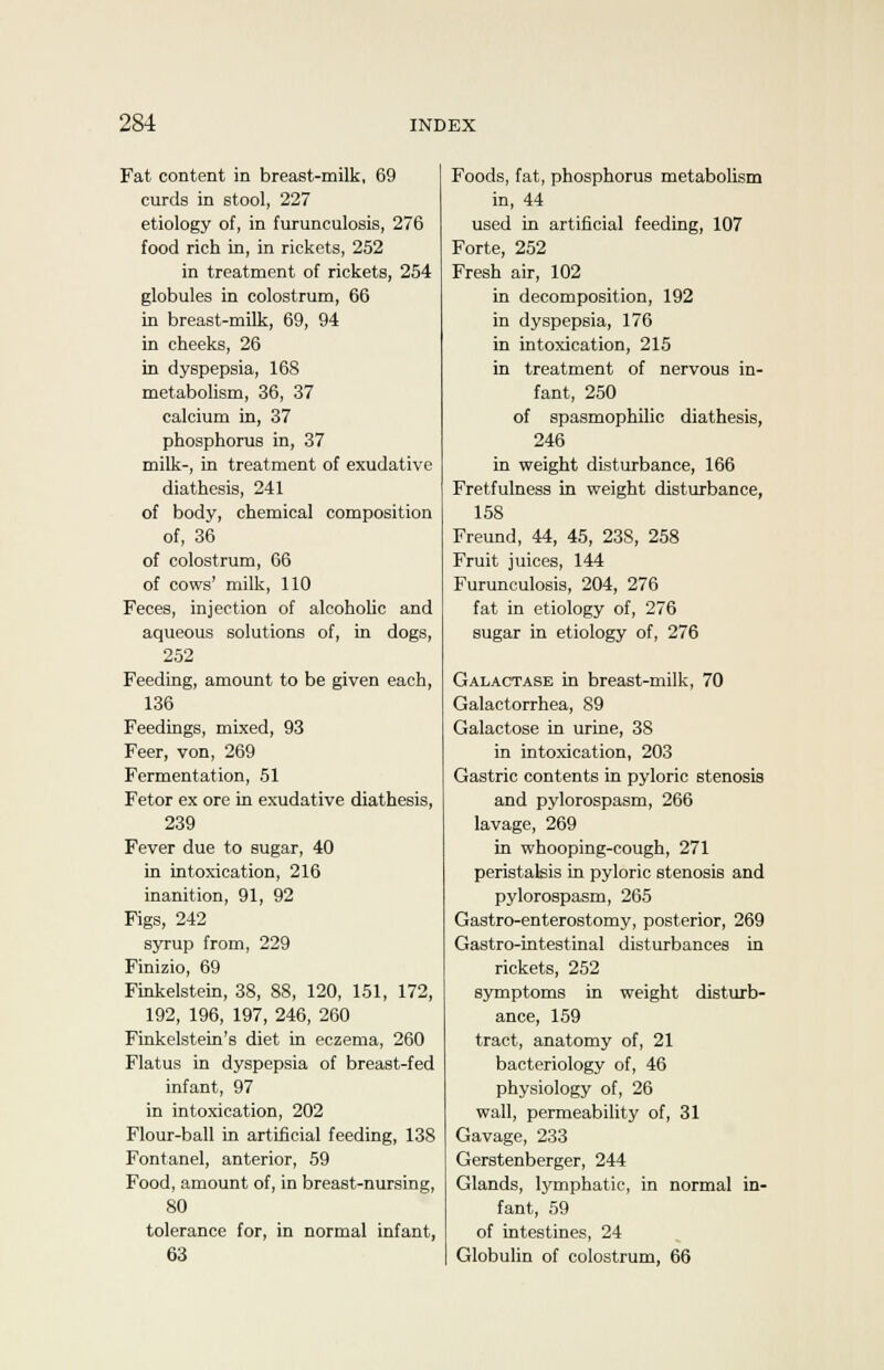 Fat content in breast-milk, 69 curds in stool, 227 etiology of, in furunculosis, 276 food rich in, in rickets, 252 in treatment of rickets, 254 globules in colostrum, 66 in breast-milk, 69, 94 in cheeks, 26 in dyspepsia, 168 metabolism, 36, 37 calcium in, 37 phosphorus in, 37 milk-, in treatment of exudative diathesis, 241 of body, chemical composition of, 36 of colostrum, 66 of cows' milk, 110 Feces, injection of alcoholic and aqueous solutions of, in dogs, 252 Feeding, amount to be given each, 136 Feedings, mixed, 93 Feer, von, 269 Fermentation, 51 Fetor ex ore in exudative diathesis, 239 Fever due to sugar, 40 in intoxication, 216 inanition, 91, 92 Figs, 242 syrup from, 229 Finizio, 69 Finkelstein, 38, 88, 120, 151, 172, 192, 196, 197, 246, 260 Finkelstein's diet in eczema, 260 Flatus in dyspepsia of breast-fed infant, 97 in intoxication, 202 Flour-ball in artificial feeding, 138 Fontanel, anterior, 59 Food, amount of, in breast-nursing, 80 tolerance for, in normal infant, 63 Foods, fat, phosphorus metabolism in, 44 used in artificial feeding, 107 Forte, 252 Fresh air, 102 in decomposition, 192 in dyspepsia, 176 in intoxication, 215 in treatment of nervous in- fant, 250 of spasmophilic diathesis, 246 in weight disturbance, 166 Fretfulness in weight disturbance, 158 Freund, 44, 45, 238, 258 Fruit juices, 144 Furunculosis, 204, 276 fat in etiology of, 276 sugar in etiology of, 276 Galactase in breast-milk, 70 Galactorrhea, 89 Galactose in urine, 38 in intoxication, 203 Gastric contents in pyloric stenosis and pylorospasm, 266 lavage, 269 in whooping-cough, 271 peristalsis in pyloric stenosis and pylorospasm, 265 Gastro-enterostomy, posterior, 269 Gastro-intestinal disturbances in rickets, 252 symptoms in weight disturb- ance, 159 tract, anatomy of, 21 bacteriology of, 46 physiology of, 26 wall, permeability of, 31 Gavage, 233 Gerstenberger, 244 Glands, lymphatic, in normal in- fant, 59 of intestines, 24 | Globulin of colostrum, 66