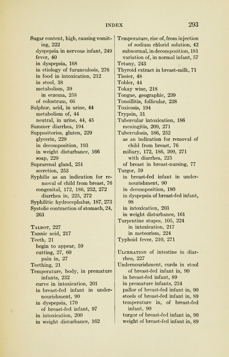 Sugar content, high, causing vomit- ing, 222 dyspepsia in nervous infant, 249 fever, 40 in dyspepsia, 168 in etiology of furunculosis, 276 in food in intoxication, 212 in stool, 38 metabolism, 39 in eczema, 25S of colostrum, 66 Sulphur, acid, in urine, 44 metabolism of, 44 neutral, in urine, 44, 45 Summer diarrhea, 194 Suppositories, gluten, 229 glycerin, 229 in decomposition, 193 in weight disturbance, 166 soap, 229 Suprarenal gland, 251 secretion, 253 Syphilis as an indication for re- moval of child from breast, 76 congenital, 172, 186, 252, 272 diarrhea in, 225, 272 Syphilitic hydrocephalus, 187, 273 Systolic contraction of stomach, 24, 263 Talbot, 227 Tannic acid, 217 Teeth, 21 begin to appear, 59 cutting, 27, 60 pain in, 27 Teething, 21 Temperature, body, in premature infants, 232 curve in intoxication, 201 in breast-fed infant in under- nourishment, 90 in dyspepsia, 170 of breast-fed infant, 97 in intoxication, 200 in weight disturbance, 162 Temperature, rise of, from injection of sodium chlorid solution, 42 subnormal, in decomposition, 181 variation of, in normal infant, 57 Tetany, 243 Thyroid extract in breast-milk, 71 Tissier, 48 Tobler, 44 Tokay wine, 218 Tongue, geographic, 239 Tonsillitis, follicular, 238 Toxicosis, 194 Trypsin, 31 Tubercular intoxication, 186 meningitis, 209, 271 Tuberculosis, 186, 252 as an indication for removal of child from breast, 76 miliary, 172, 186, 209, 271 with diarrhea, 225 of breast in breast-nursing, 77 Turgor, 59 in breast-fed infant in under- nourishment, 90 in decomposition, 180 in dyspepsia of breast-fed infant, 98 in intoxication, 203 in weight disturbance, 161 Turpentine stupes, 105, 224 in intoxication, 217 in meteorism, 224 Typhoid fever, 210, 271 Ulceration of intestine in diar- rhea, 227 Undernourishment, curds in stool of breast-fed infant in, 90 in breast-fed infant, 89 in premature infants, 234 pallor of breast-fed infant in, 90 stools of breast-fed infant in, 89 temperature in, of breast-fed infant, 90 turgor of breast-fed infant in, 90 weight of breast-fed infant in, 89
