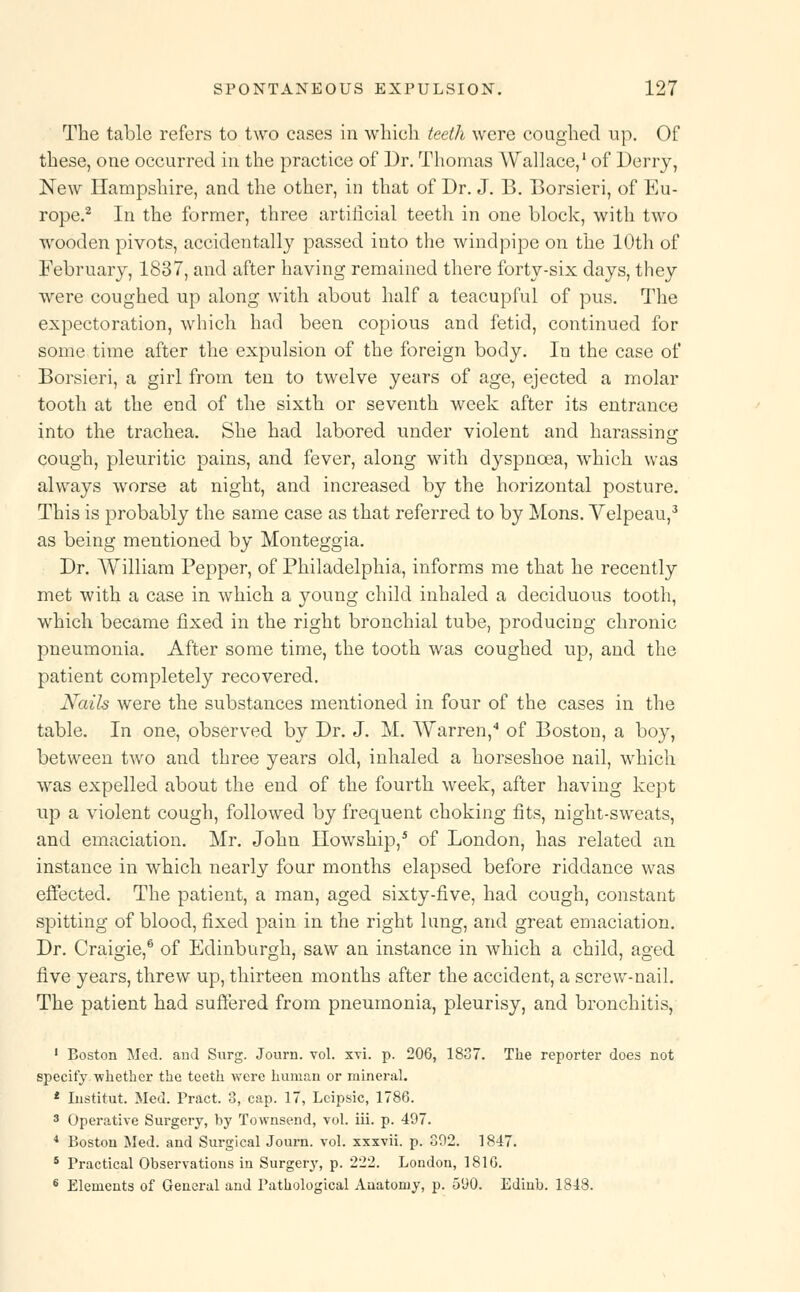 The table refers to two cases in which teeth were coughed up. Of these, one occurred in the practice of Dr. Thomas Wallace,1 of Derry, New Hampshire, and the other, in that of Dr. J. 13. Borsieri, of Eu- rope.2 In the former, three artificial teeth in one block, with two wooden pivots, accidentally passed into the windpipe on the 10th of February, 1837, and after having remained there forty-six days, they were coughed up along with about half a teacupful of pus. The expectoration, which had been copious and fetid, continued for some time after the expulsion of the foreign body. In the case of Borsieri, a girl from ten to twelve years of age, ejected a molar tooth at the end of the sixth or seventh week after its entrance into the trachea. She had labored under violent and harassing cough, pleuritic pains, and fever, along with dyspnoea, which was always worse at night, and increased by the horizontal posture. This is probably the same case as that referred to by Mons. Velpeau,3 as being mentioned by Monteggia. Dr. William Pepper, of Philadelphia, informs me that he recently met with a case in which a young child inhaled a deciduous tooth, which became fixed in the right bronchial tube, produciDg chronic pneumonia. After some time, the tooth was coughed up, and the patient completely recovered. Nails were the substances mentioned in four of the cases in the table. In one, observed by Dr. J. M. Warren,4 of Boston, a boy, between two and three years old, inhaled a horseshoe nail, which was expelled about the end of the fourth week, after having kept up a violent cough, followed by frequent choking fits, night-sweats, and emaciation. Mr. John Howship,5 of London, has related an instance in which nearly four months elapsed before riddance was effected. The patient, a man, aged sixty-five, had cough, constant spitting of blood, fixed pain in the right lung, and great emaciation. Dr. Craigie,6 of Edinburgh, saw an instance in which a child, aged five years, threw up, thirteen months after the accident, a screw-nail. The patient had suffered from pneumonia, pleurisy, and bronchitis, 1 Boston Med. and Surg. Journ. vol. xvi. p. 206, 1837. The reporter does not specify whether the teeth were human or mineral. £ Institut. Med. Pract. 3, cap. 17, Lcipsic, 1786. 3 Operative Surgery, by Townsend, vol. iii. p. 497. 4 Boston Med. and Surgical Journ. vol. xxxvii. p. 392. 1847. s Practical Observations in Surgery, p. 222. London, 1816. 6 Elements of General and Pathological Anatomy, p. 590. Edinb. 1848.
