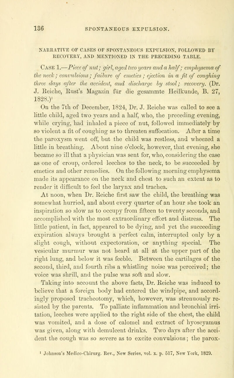 NARRATIVE OF CASES OF SPONTANEOUS EXPULSION, FOLLOWED BY RECOVERY, AND MENTIONED IN THE PRECEDING TABLE. Case 1.—Piece of nut; girl, aged two years and a half ; emphysema of the neck; convulsions; failure of emetics ; ejection in a fit of coughing three days after the accident, and discharge by stool; recovery. (Dr. J. Reiche, Bust's Magazin fur die gesammte Heilkunde, B. 27, 1828.)1 On the 7th of December, 1824, Dr. J. Reiche was called to see a little child, aged two years and a half, who, the preceding evening, while crying, had inhaled a piece of nut, followed immediately by so violent a fit of coughing as to threaten suffocation. After a time the paroxysm went off, but the child was restless, and wheezed a little in breathing. About nine o'clock, however, that evening, she became so ill that a physician was sent for, who, considering the case as one of croup, ordered leeches to the neck, to be succeeded by emetics and other remedies. On the following morning emphysema made its appearance on the neck and chest to such an extent as to render it difficult to feel the larynx and trachea. At noon, when Dr. Reiche first saw the child, the breathing was somewhat hurried, and about every quarter of an hour she took an inspiration so slow as to occupy from fifteen to twenty seconds, and accomplished with the most extraordinary effort and distress. The little patient, in fact, appeared to be dying, and yet the succeeding expiration always brought a perfect calm, interrupted only by a slight cough, without expectoration, or anything special. The vesicular murmur was not heard at all at the upper part of the right lung, and below it was feeble. Between the cartilages of the second, third, and fourth ribs a whistling noise was perceived; the voice was shrill, and the pulse was soft and slow. Taking into account the above facts, Dr. Reiche was induced to believe that a foreign body had entered the windpipe, and accord- ingly proposed tracheotomy, which, however, was strenuously re- sisted by the parents. To palliate inflammation and bronchial irri- tation, leeches were applied to the right side of the chest, the child was vomited, and a dose of calomel and extract of hyoscyamus was given, along with demulcent drinks. Two days after the acci- dent the cough was so severe as to excite convulsions; the parox- 1 Johnson's Medico-Cliirurg. Rev., New Series, vol. x. p. 517, New York, 1829.