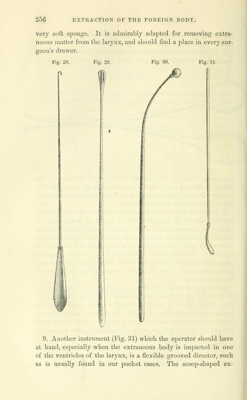 very soft sponge. It is admirably adapted for removing extra- neons matter from the larynx, and should find a place in every sur- geon's drawer. Fig. 28. Fig. 29. Fig. 30. Fig. 81. 9. Another instrument (Fig. 31) which the operator should have at hand, especially when the extraneous body is impacted in one of the ventricles of the larynx, is a flexible grooved director, such as is usually found in our pocket cases. The scoop-sbaped ex-