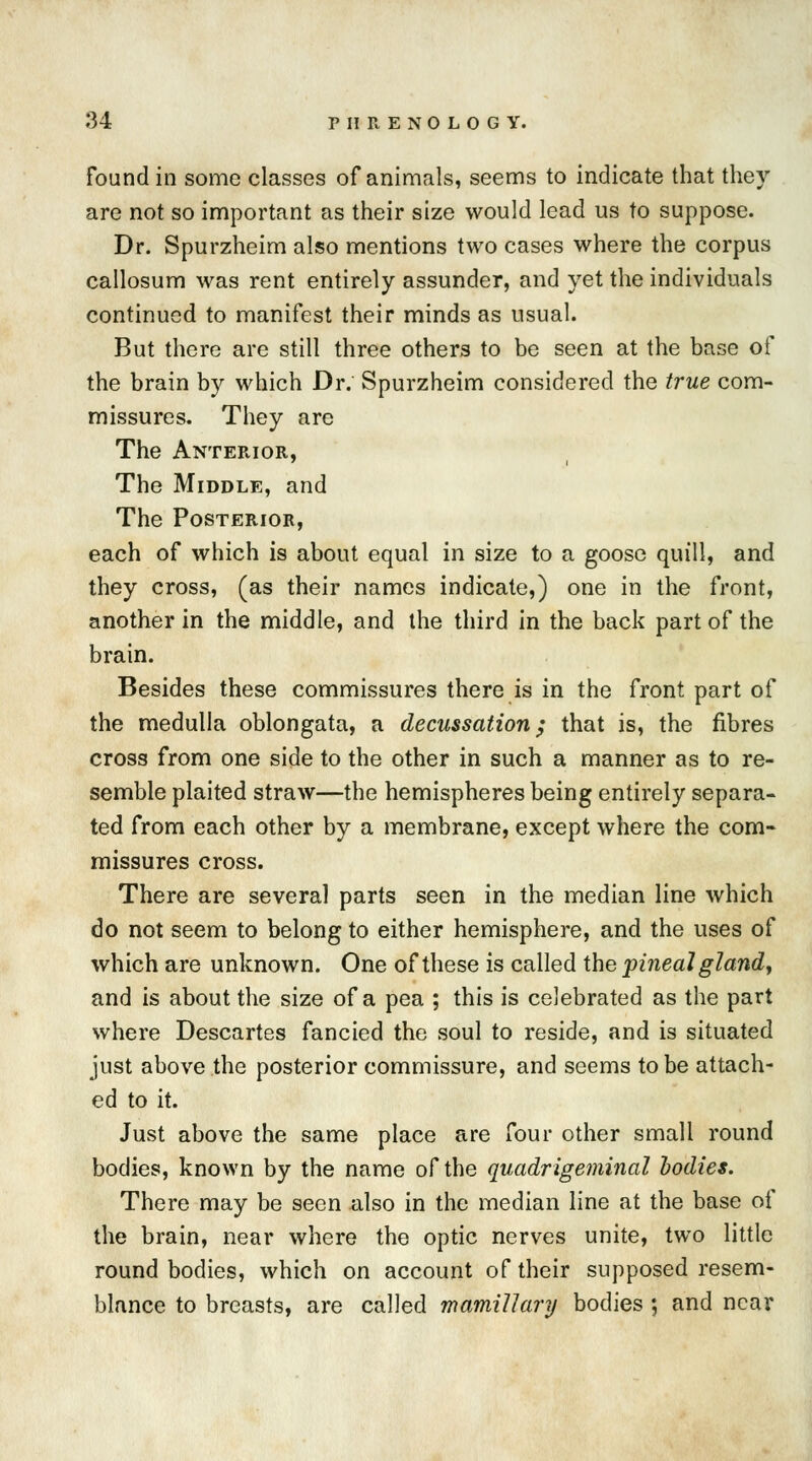 found in some classes of animals, seems to indicate that they are not so important as their size would lead us to suppose. Dr. Spurzheim also mentions two cases where the corpus callosum was rent entirely assunder, and yet the individuals continued to manifest their minds as usual. But there are still three others to be seen at the base of the brain by which Dr. Spurzheim considered the true com- missures. They are The Anterior, The Middle, and The Posterior, each of which is about equal in size to a goose quill, and they cross, (as their names indicate,) one in the front, another in the middle, and the third in the back part of the brain. Besides these commissures there is in the front part of the medulla oblongata, a decussation; that is, the fibres cross from one side to the other in such a manner as to re- semble plaited straw—the hemispheres being entirely separa- ted from each other by a membrane, except where the com- missures cross. There are several parts seen in the median line which do not seem to belong to either hemisphere, and the uses of which are unknown. One of these is called the pineal gland, and is about the size of a pea ; this is celebrated as the part where Descartes fancied the soul to reside, and is situated just above the posterior commissure, and seems to be attach- ed to it. Just above the same place are four other small round bodies, known by the name of the quadrigeminal hodies. There may be seen also in the median line at the base of the brain, near where the optic nerves unite, two little round bodies, which on account of their supposed resem- blance to breasts, are called mamillary bodies ; and near