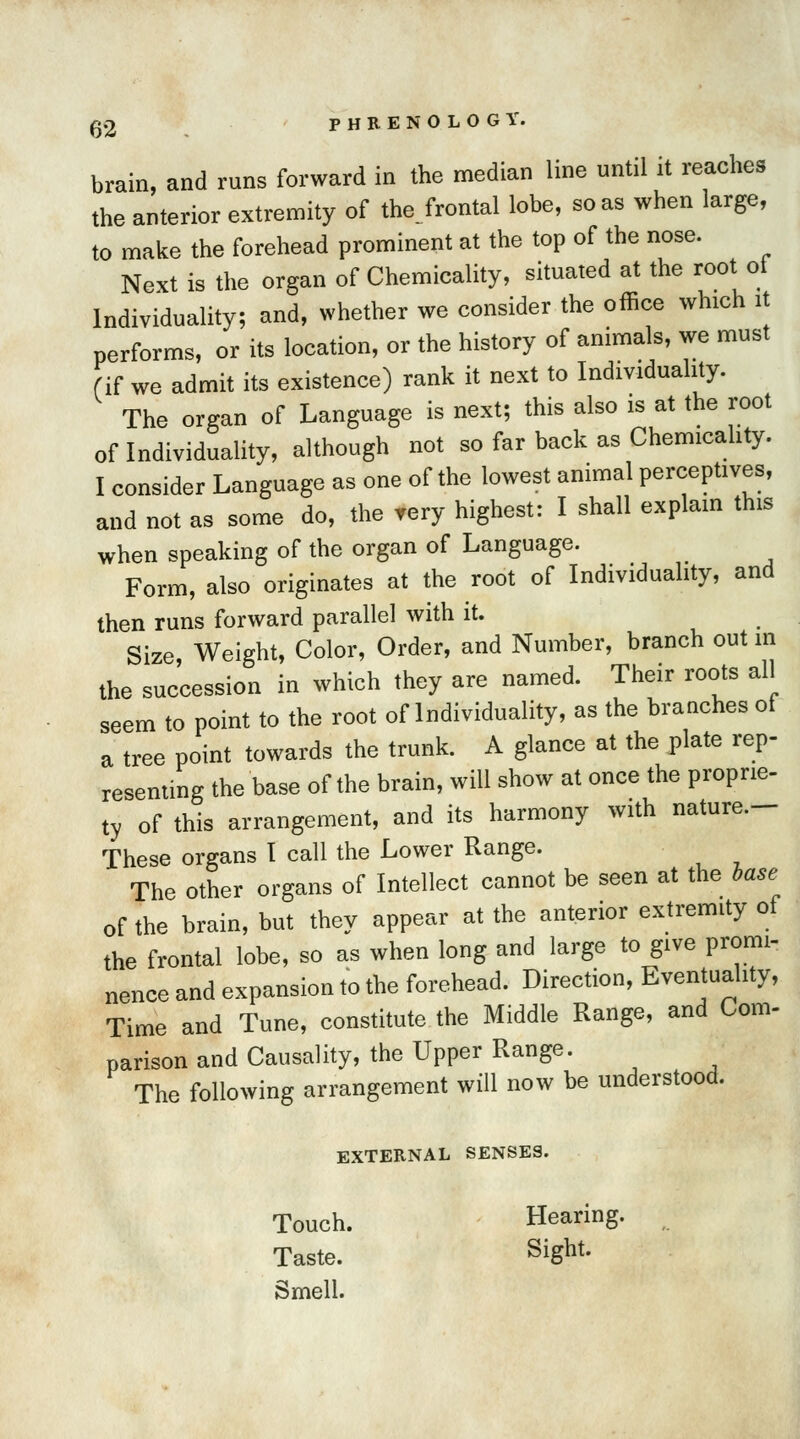 brain, and runs forward in the median line until it reaches the anterior extremity of the.frontal lobe, so as when large, to make the forehead prominent at the top of the nose. Next is the organ of Chemicality, situated at the root ol Individuality; and, whether we consider the office which it performs, or its location, or the history of animals, we must f if we admit its existence) rank it next to Individuality. The organ of Language is next; this also is at the root of Individuality, although not so far back as Chemicality. I consider Language as one of the lowest animal perceptives, and not as some do, the very highest: I shall explam this when speaking of the organ of Language. Form, also originates at the root of Individuality, and then runs forward parallel with it. Size, Weight, Color, Order, and Number, branch outm the succession in which they are named. Their roots all seem to point to the root of Individuality, as the branches of a tree point towards the trunk. A glance at the plate rep- resenting the base of the brain, will show at once the proprie- ty of this arrangement, and its harmony with nature.- These organs I call the Lower Range. The other organs of Intellect cannot be seen at the base of the brain, but they appear at the anterior extrem.ty of the frontal lobe, so as when long and large to give promi- nence and expansion to the forehead. Direction, Eventuality, Time and Tune, constitute the Middle Range, and Com- parison and Causality, the Upper Range. The following arrangement will now be understood. EXTERNAL SENSES. Touch. Hearing. Taste. Sight. Smell.