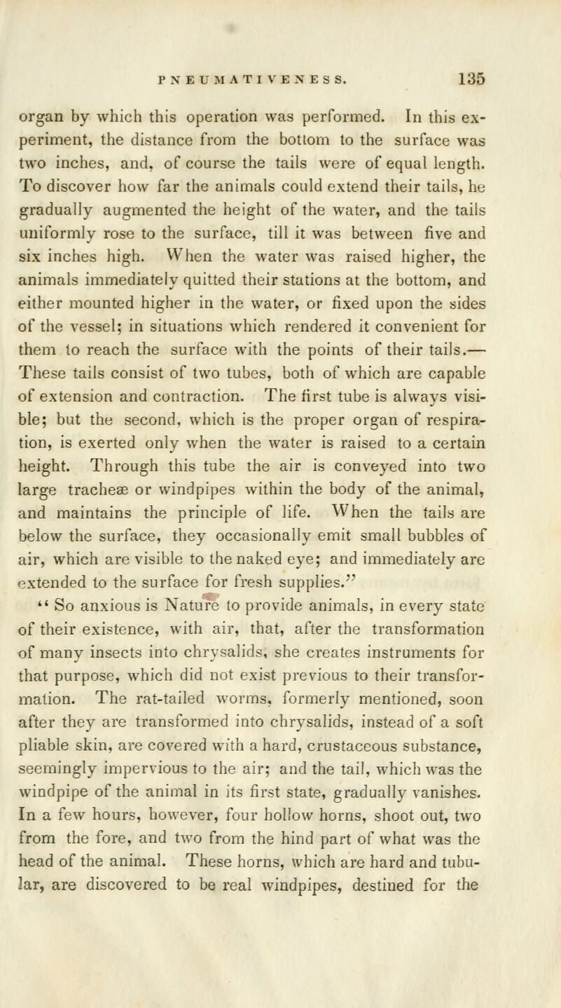 organ by which this operation was performed. In this ex- periment, the distance from the bottom to the surface was two inches, and, of course the tails were of equal length. To discover how far the animals could extend their tails, he gradually augmented the height of the water, and the tails uniformly rose to the surface, till it was between five and six inches high. When the water was raised higher, the animals immediately quitted their stations at the bottom, and either mounted higher in the water, or fixed upon the sides of the vessel; in situations which rendered it convenient for them to reach the surface with the points of their tails.— These tails consist of two tubes, both of which are capable of extension and contraction. The first tube is always visi- ble; but the second, which is the proper organ of respira- tion, is exerted only when the water is raised to a certain height. Through this tube the air is conveyed into two large tracheae or windpipes within the body of the animal, and maintains the principle of life. When the tails are below the surface, they occasionally emit small bubbles of air, which are visible to the naked eye; and immediately are extended to the surface for fresh supplies.  So anxious is Nature to provide animals, in every state of their existence, with air, that, after the transformation of many insects into chrvsalids, she creates instruments for that purpose, which did not exist previous to their transfor- mation. The rat-tailed worms, formerly mentioned, soon after they are transformed into chrvsalids, instead of a soft pliable skin, are covered with a hard, crustaceous substance, seemingly impervious to the air; and the tail, which was the windpipe of the animal in its first state, gradually vanishes. In a few hours, however, four hollow horns, shoot out, two from the fore, and two from the hind part of what was the head of the animal. These horns, which are hard and tubu- lar, are discovered to be real windpipes, destined for the