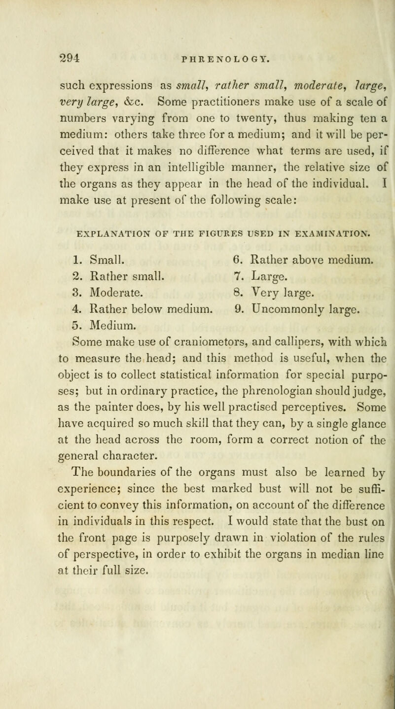 such expressions as small, rather small, moderate, large, very large, &c. Some practitioners make use of a scale of numbers varying from one to twenty, thus making ten a medium: others take three for a medium; and it will be per- ceived that it makes no difference what terms are used, if they express in an intelligible manner, the relative size of the organs as they appear in the head of the individual. I make use at present of the following scale: EXPLANATION OF THE FIGURES USED IN EXAMINATION. 1. Small. 6. Rather above medium. 2. Rather small. 7. Large. 3. Moderate. 8. Very large. 4. Rather below medium. 9. Uncommonly large. 5. Medium. Some make use of craniometors, and callipers, with which to measure the head; and this method is useful, when the object is to collect statistical information for special purpo- ses; but in ordinary practice, the phrenologian should judge, as the painter does, by his well practised perceptives. Some have acquired so much skill that they can, by a single glance at the head across the room, form a correct notion of the general character. The boundaries of the organs must also be learned by experience; since the best marked bust will not be suffi- cient to convey this information, on account of the difference in individuals in this respect. I would state that the bust on the front page is purposely drawn in violation of the rules of perspective, in order to exhibit the organs in median line at their full size.